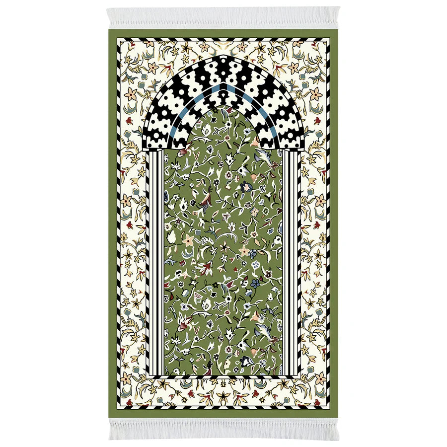 Olive green mihrab Islamic prayer mat with floral pattern and arch design – Stylish Rugs & Carpets