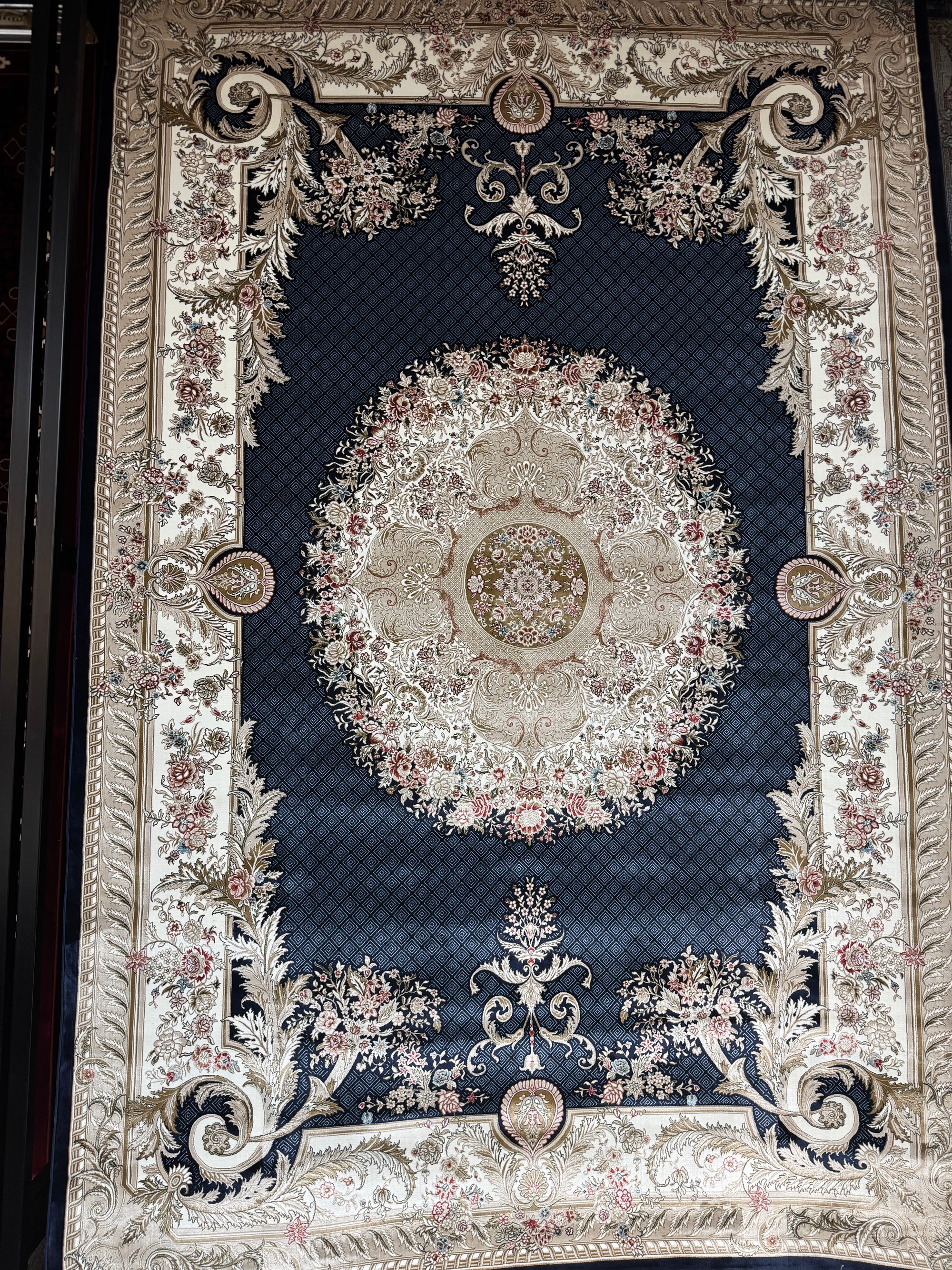 Persian Classic Carpet Navy Background Golden Medallion Cream Floral Borders