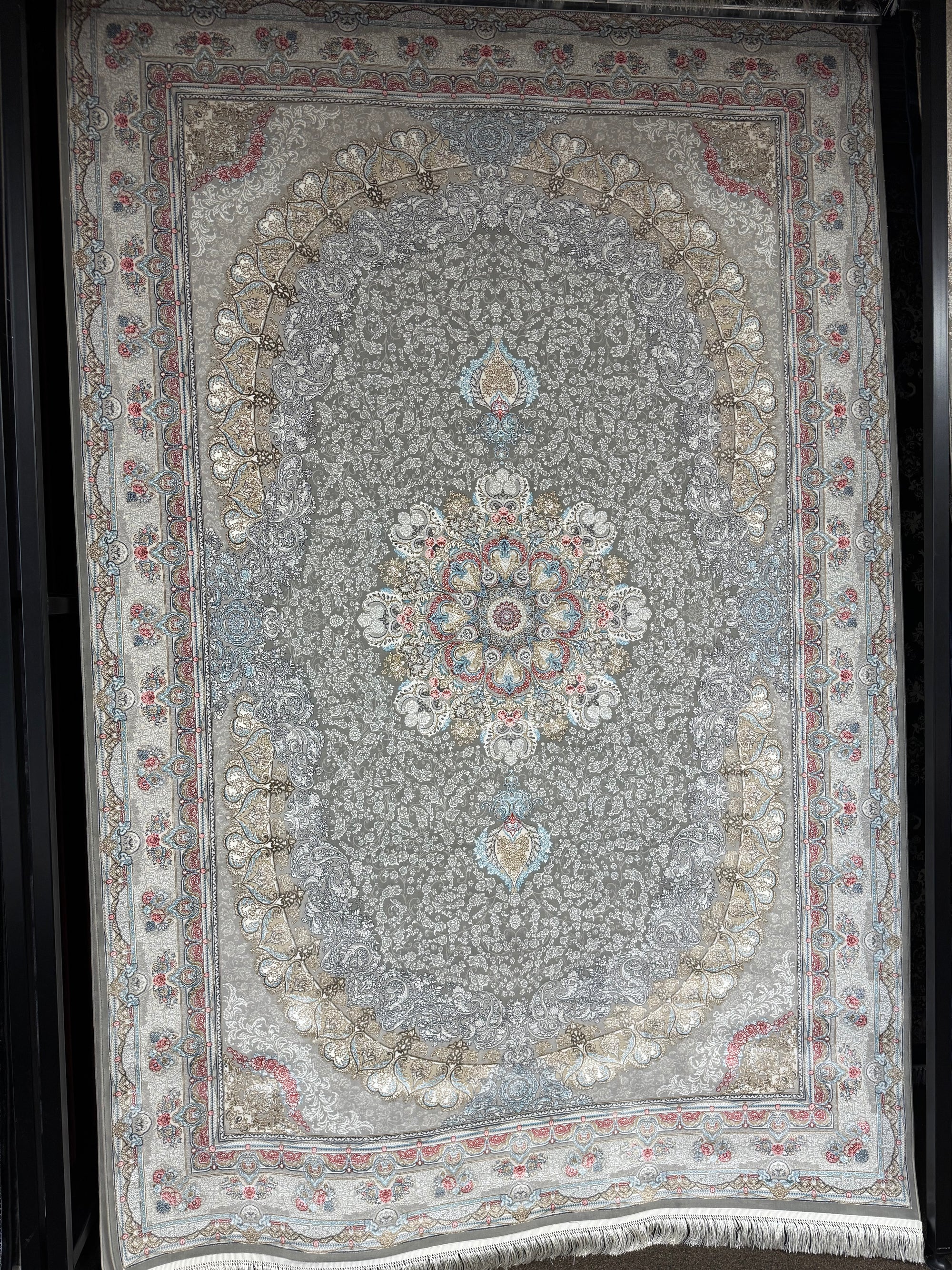 Persian Oval Carpet Gray Background Central Medallion Pastel Accents 2 Million Points
