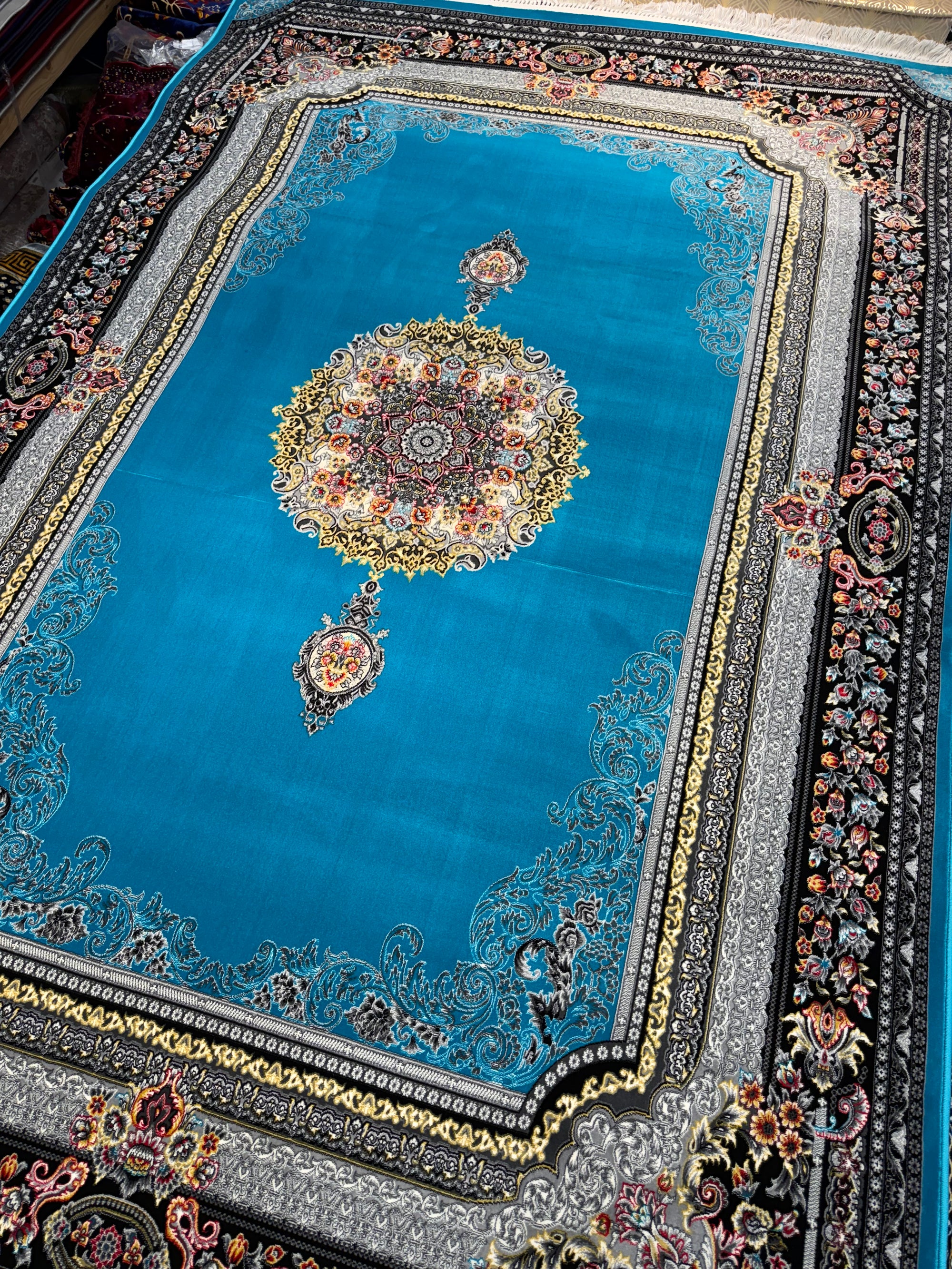 Persian Carpet Light Blue and Gold Background | Stylish Rugs & Carpets