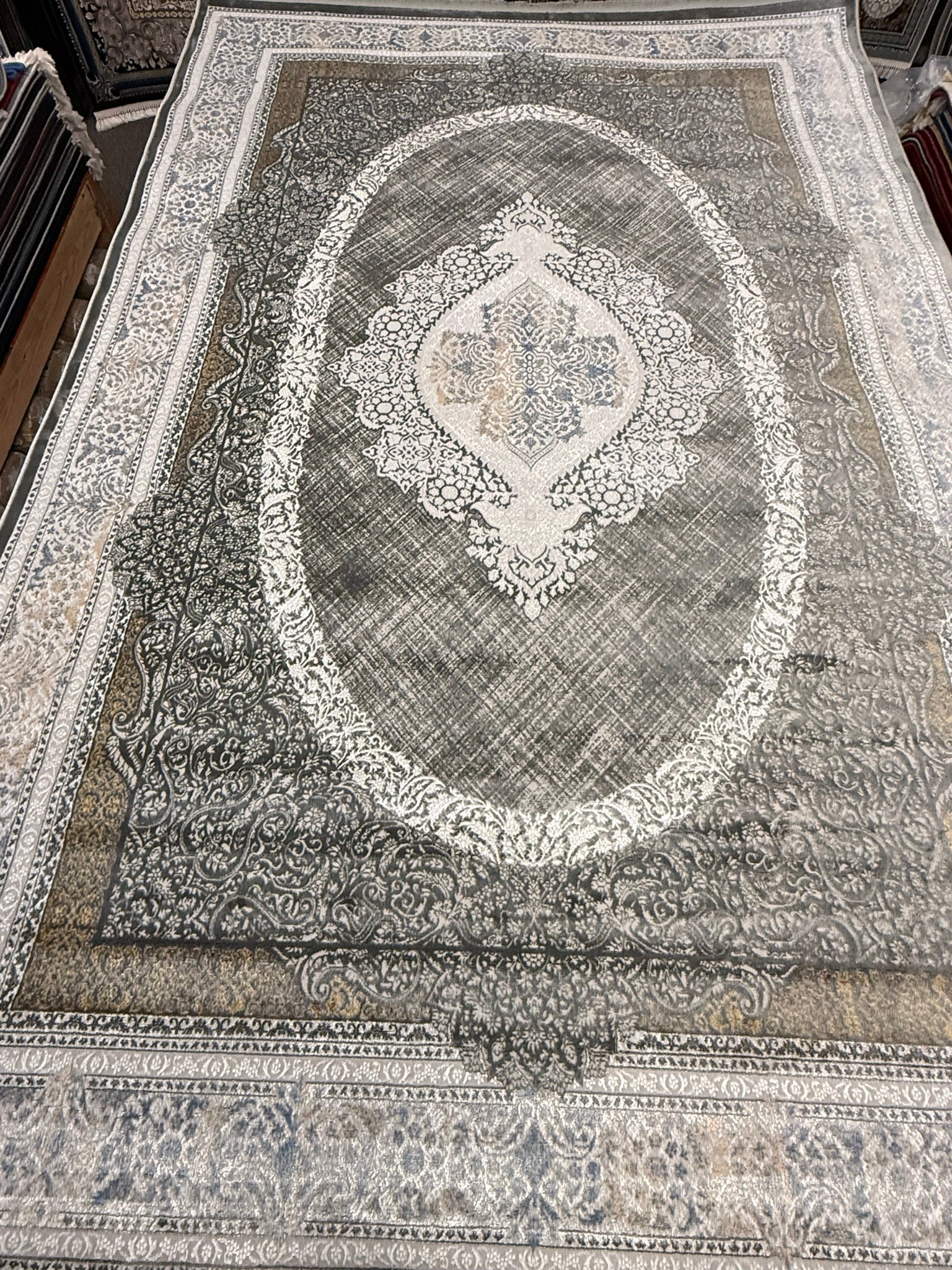 Dark Gray Oval Crosshatch Medallion Turkish Rug | Stylish Rugs