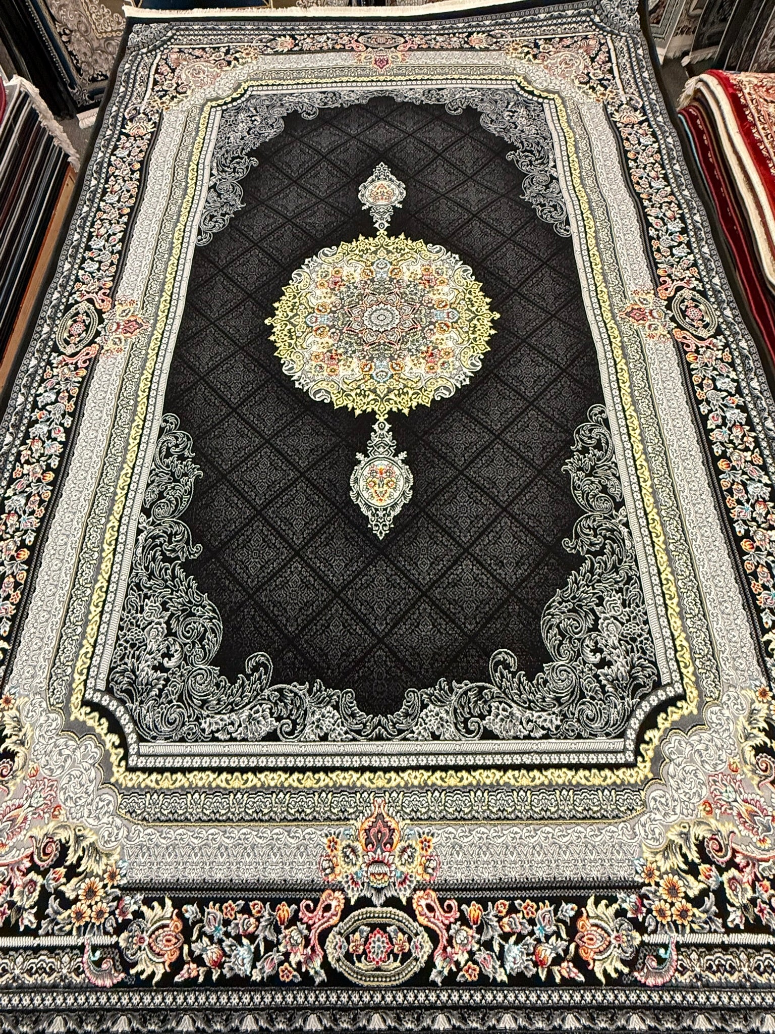 Black Diamond Lattice Medallion Turkish Rug | Stylish Rugs