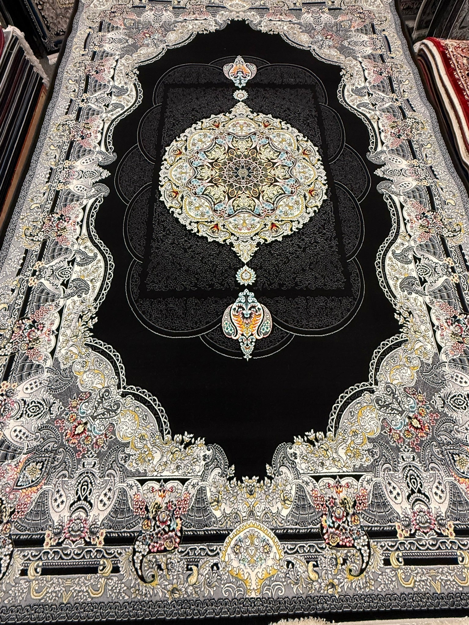 Black Ornate Paisley Border Medallion Turkish Rug | Stylish Rugs