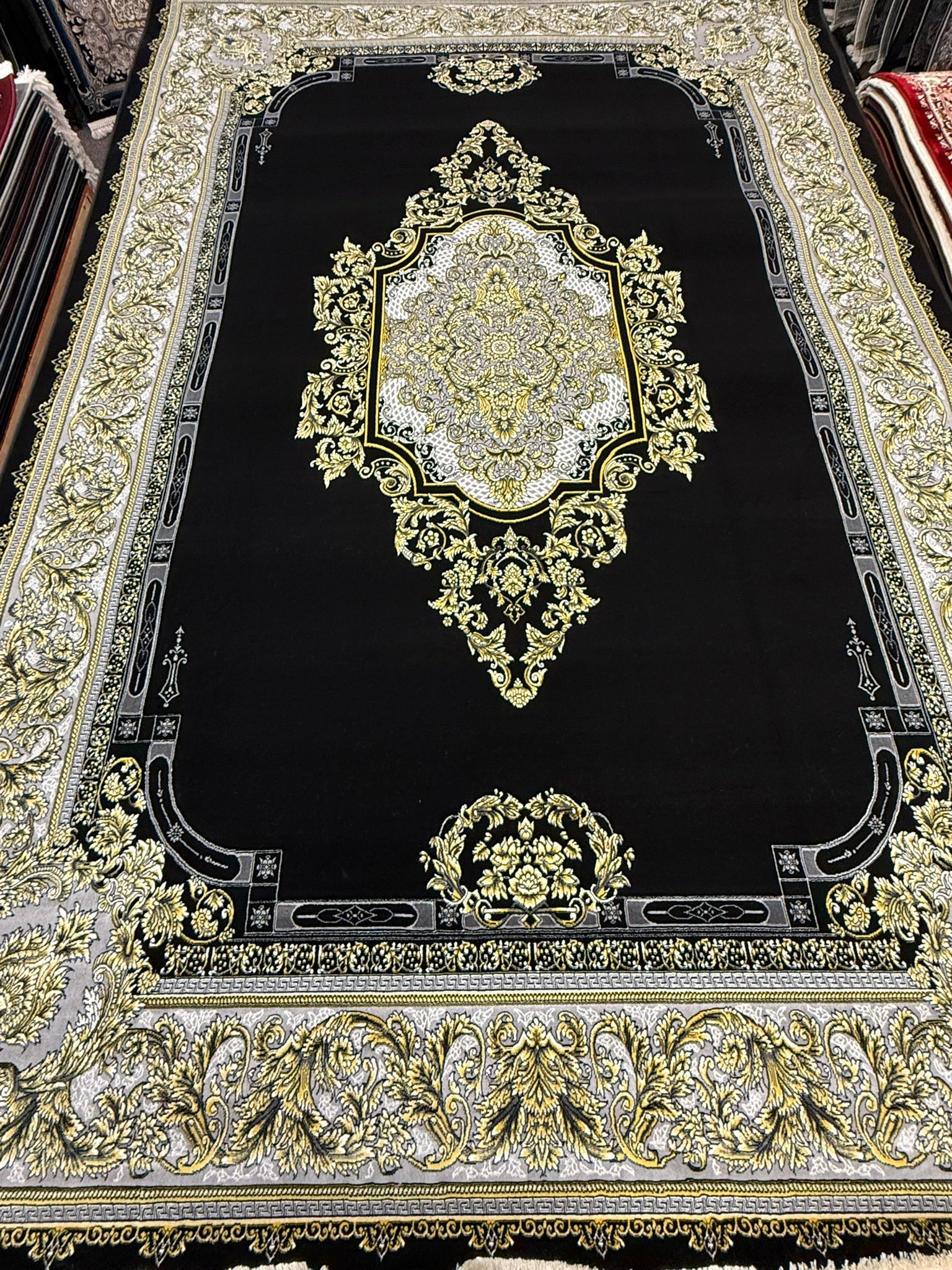Black and Gold Diamond Medallion Turkish Rug | Stylish Rugs