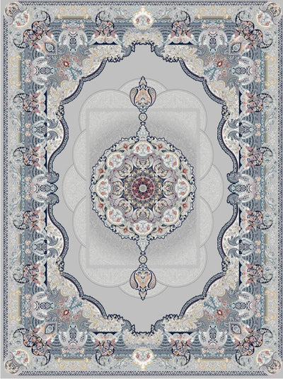 2026 light gray Persian-inspired traditional rug with royal medallion, 1200 reeds, detailed floral border