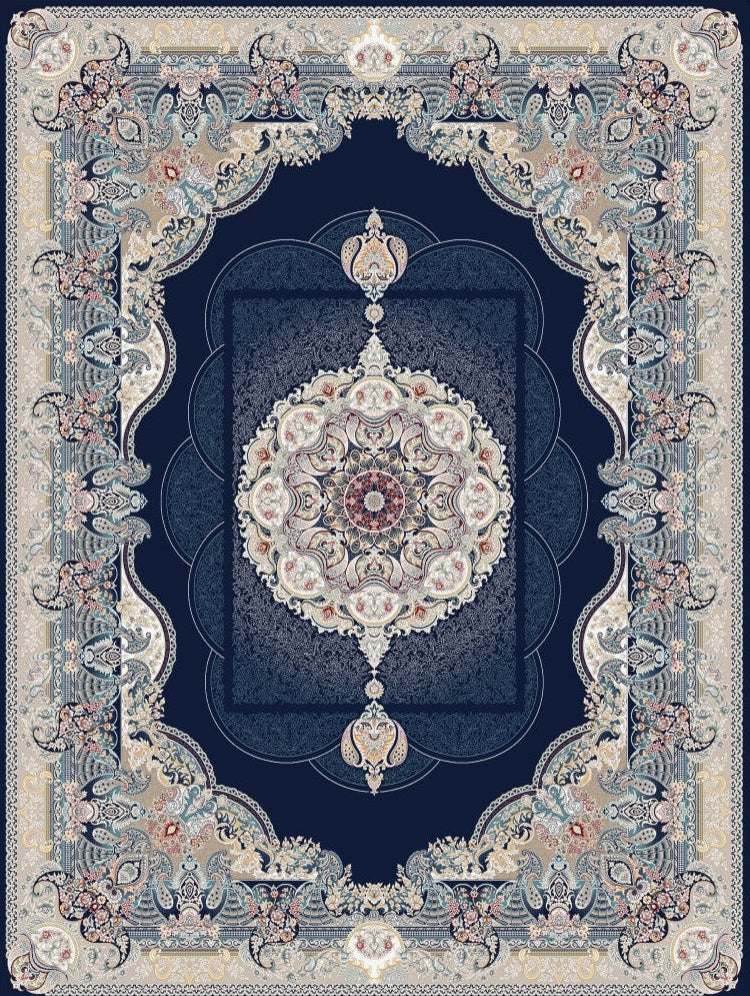 2026 navy blue Persian-inspired traditional rug with royal medallion, 1200 reeds, detailed floral border