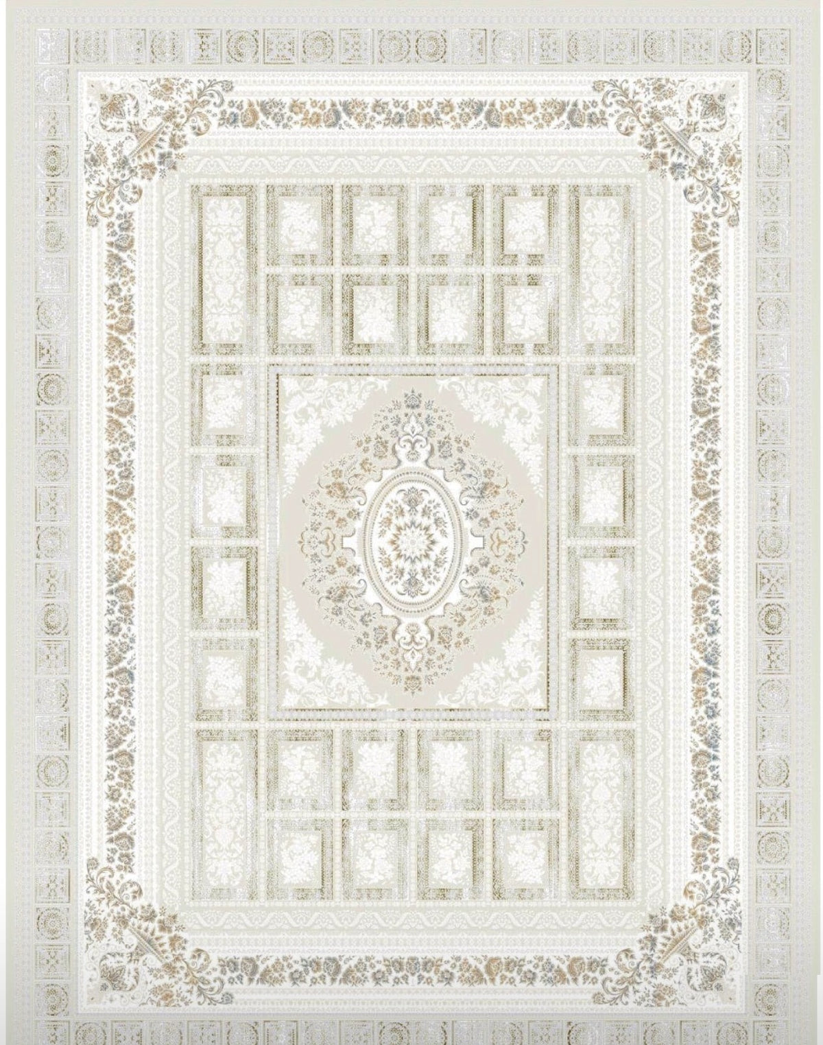 Beige garden-panel Turkish rug, design 5558A, with a floral oval medallion and ivory panel field — Stylish Rugs & Carpets