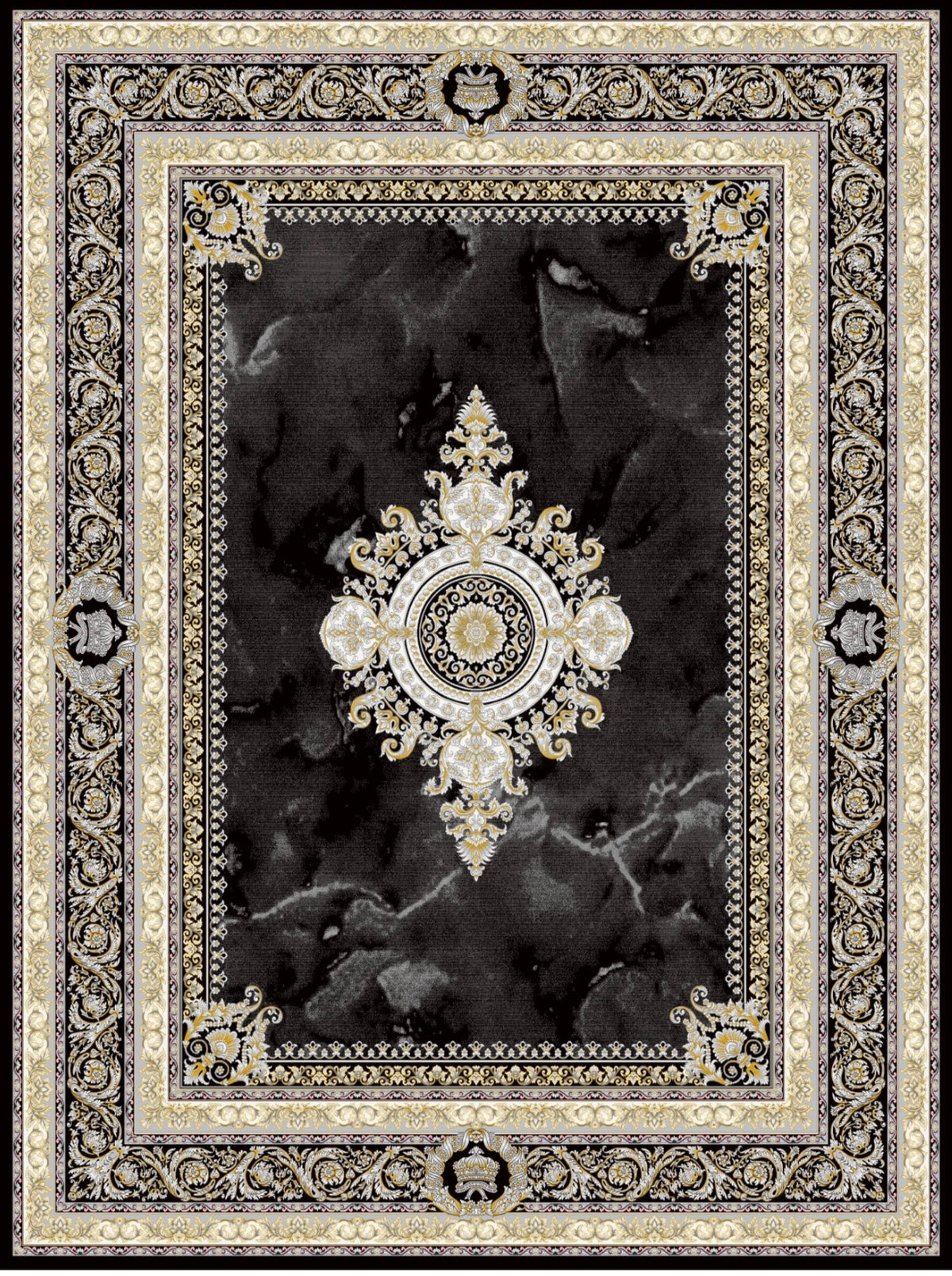 Black and gold Persian-design rug, design 5535C, with a white-and-gold medallion on a black marble field and gold scroll borders — Stylish Rugs & Carpets