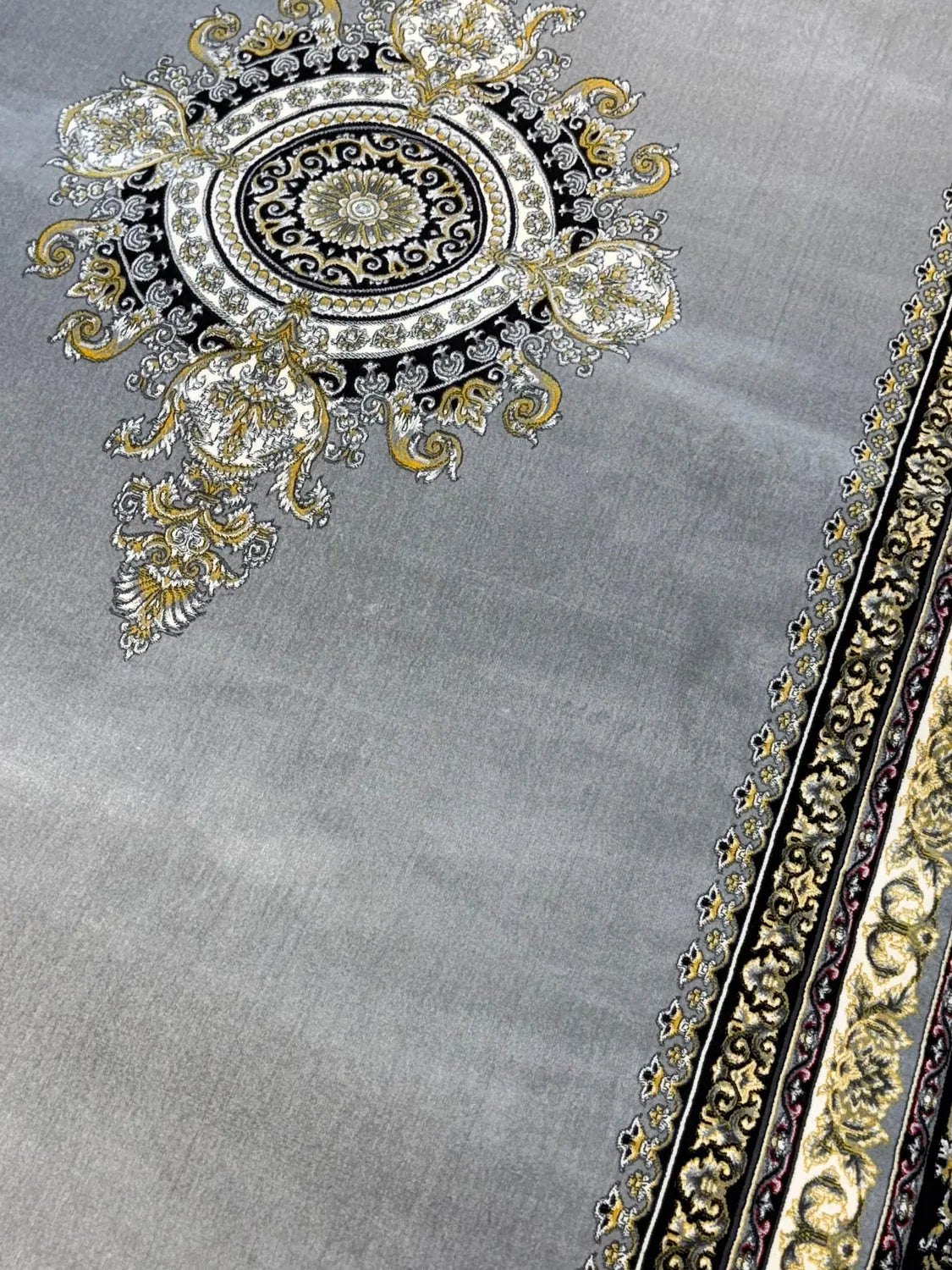 Gray & Gold Medallion Darbar Persian Rug pile macro detail
