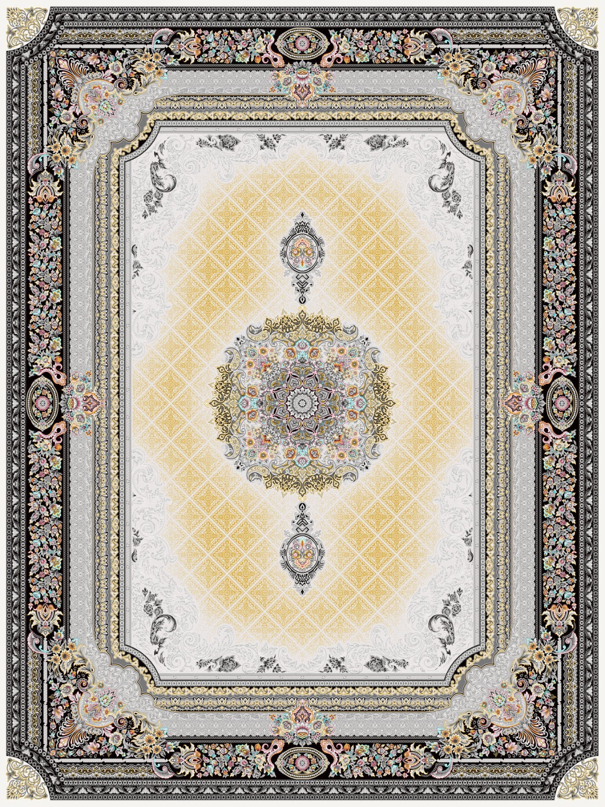 Ivory and gold lattice-field Persian-design rug with round medallion and black floral border, design 5525C, top view