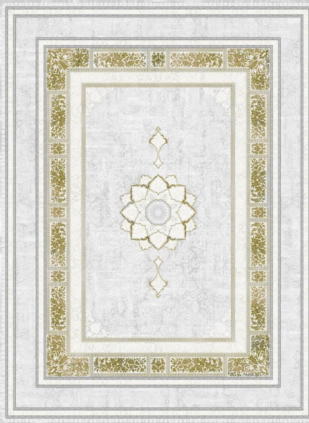 Light gray Turkish rug with a gold lotus medallion and gold floral panel border — Stylish Rugs & Carpets