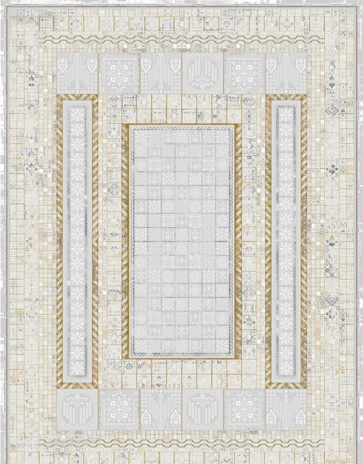 Light gray mosaic-tile panel Turkish rug, design 5556A, with gold rope borders around gray tiled panels — Stylish Rugs & Carpets