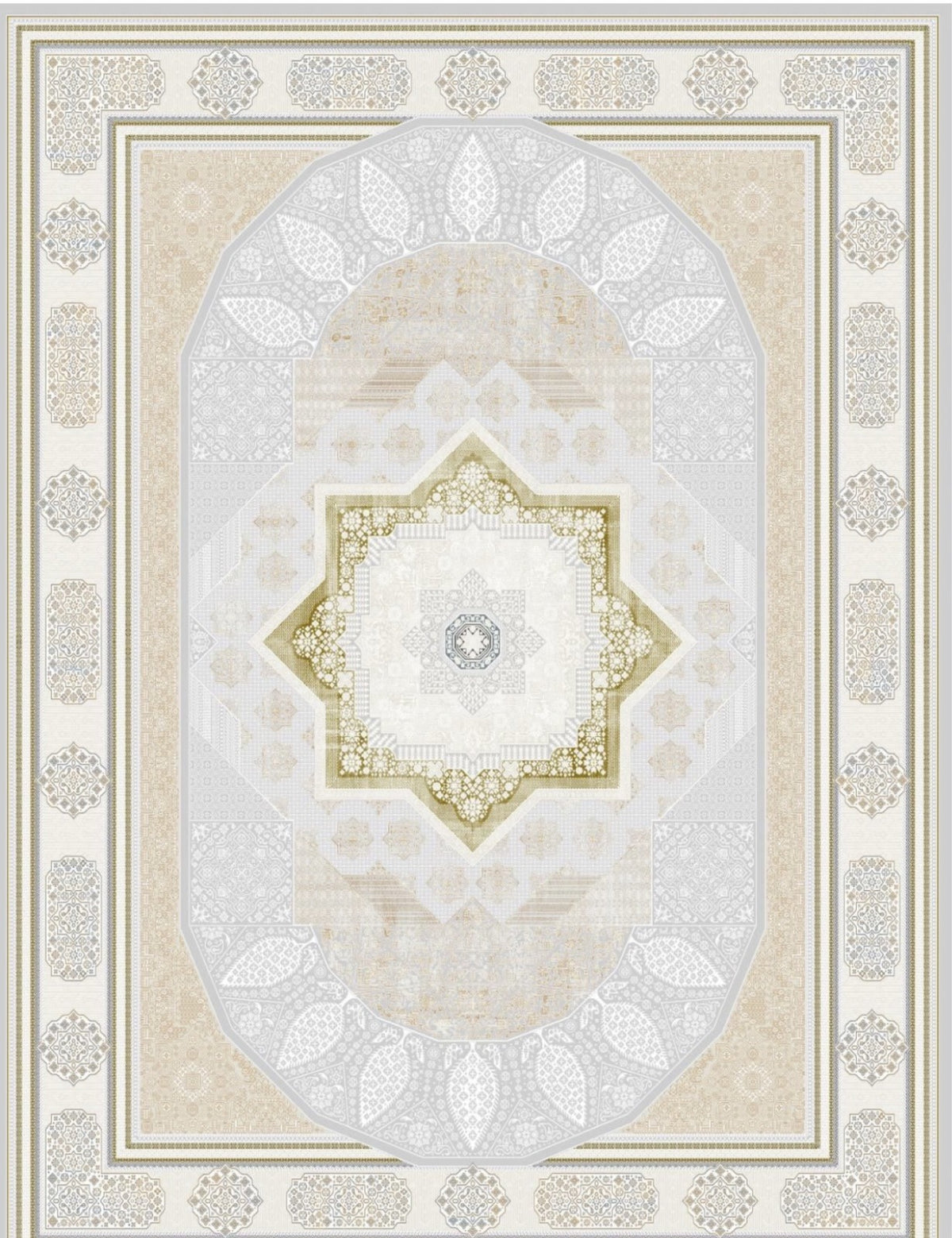 Light gray Turkish rug, design 5553A, with an eight-pointed gold star medallion inside an oval panel — Stylish Rugs & Carpets