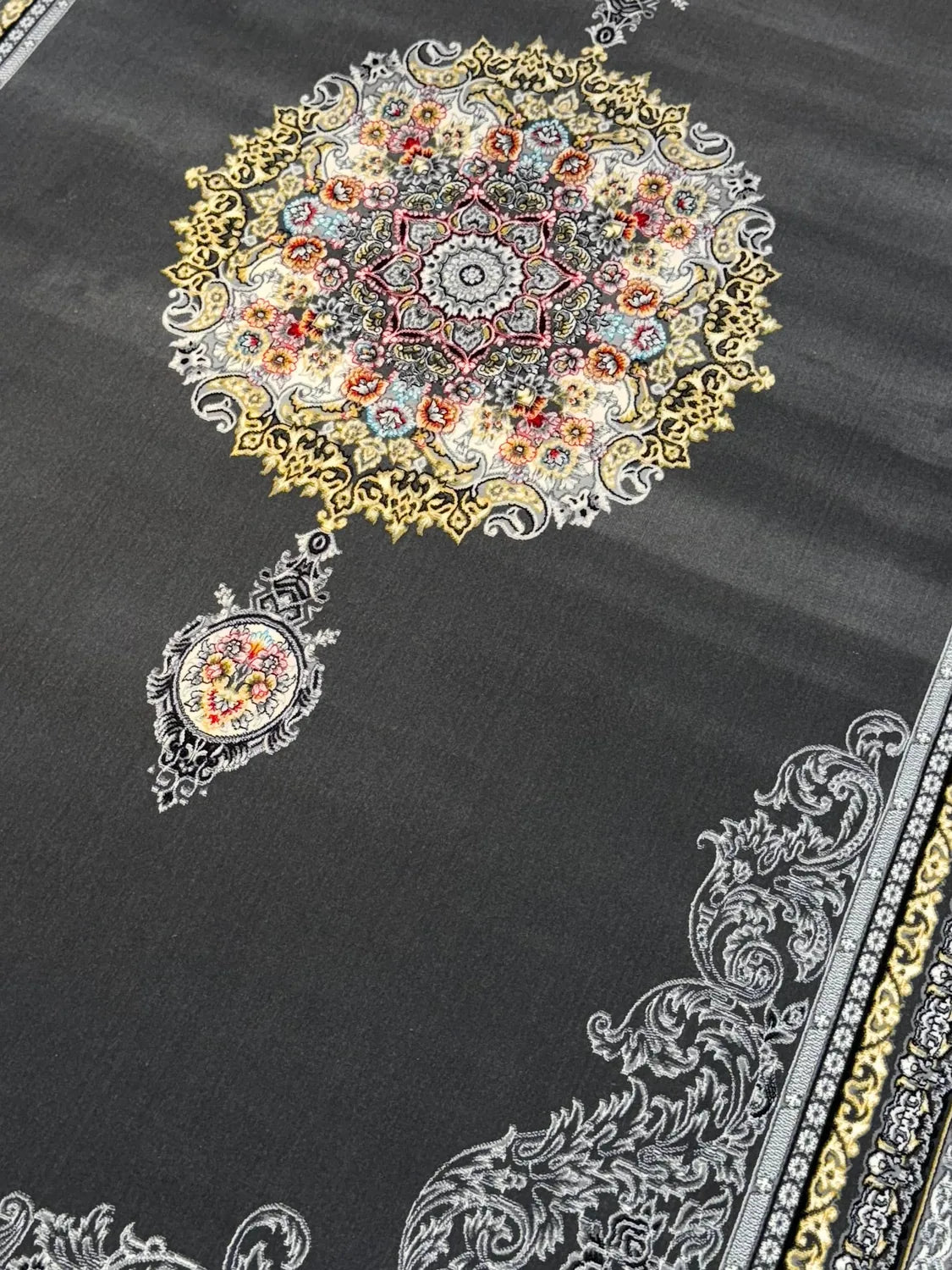 Gray & Gold Medallion Persian Rug pile macro detail