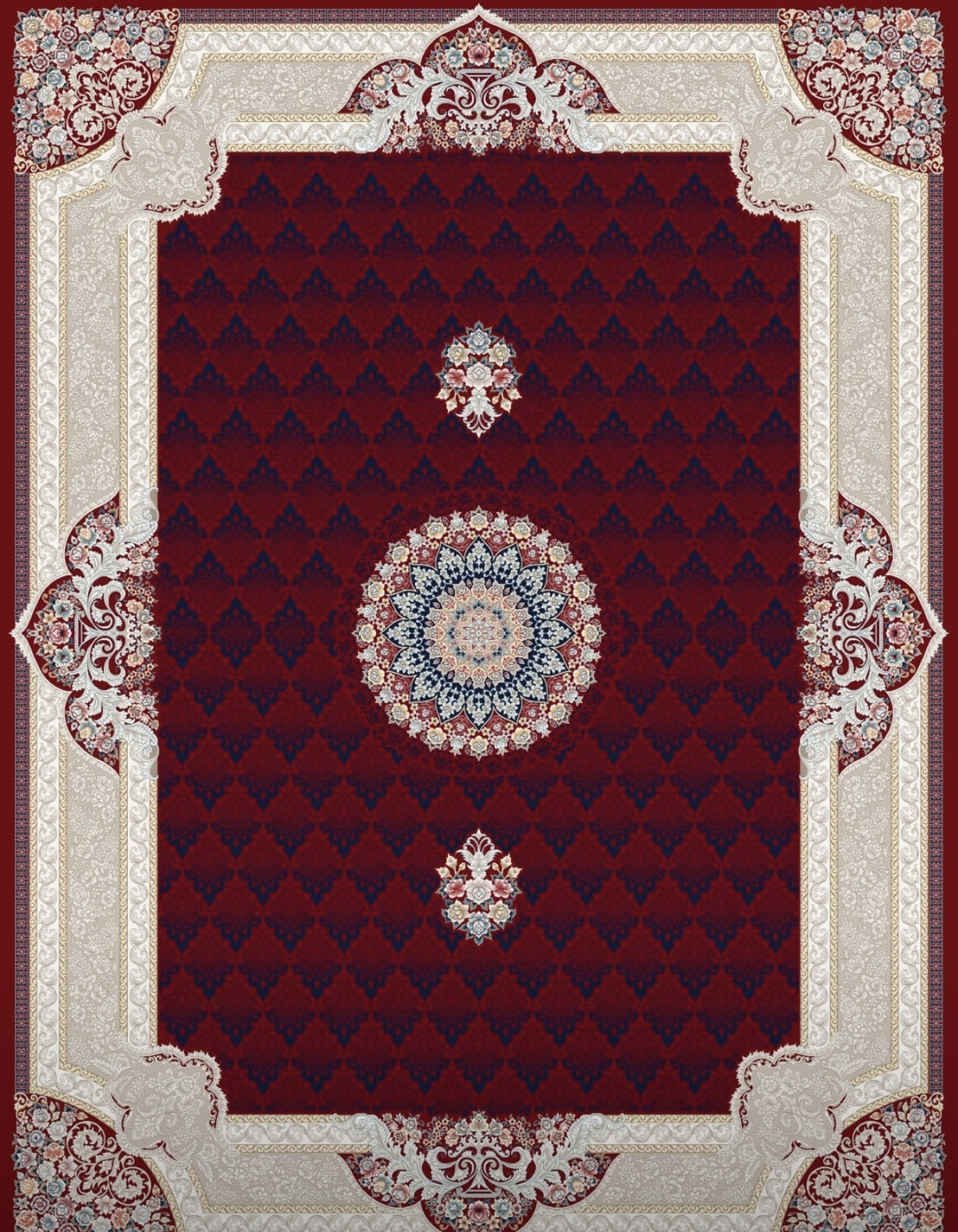 Red Persian-design rug, design 5578A, with a round floral medallion on a red-and-navy lattice field and ivory scroll borders — Stylish Rugs & Carpets