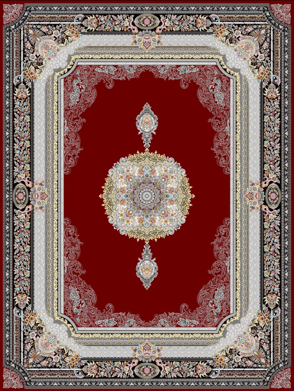 Red Shah medallion Persian-design rug, design 5525B, with ivory, gold and black floral borders — Stylish Rugs & Carpets