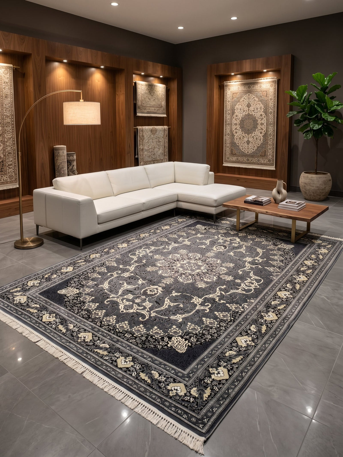 Gray Persian Design Rug — 1200 Reeds styled in a room — Stylish Rugs & Carpets, Sacramento