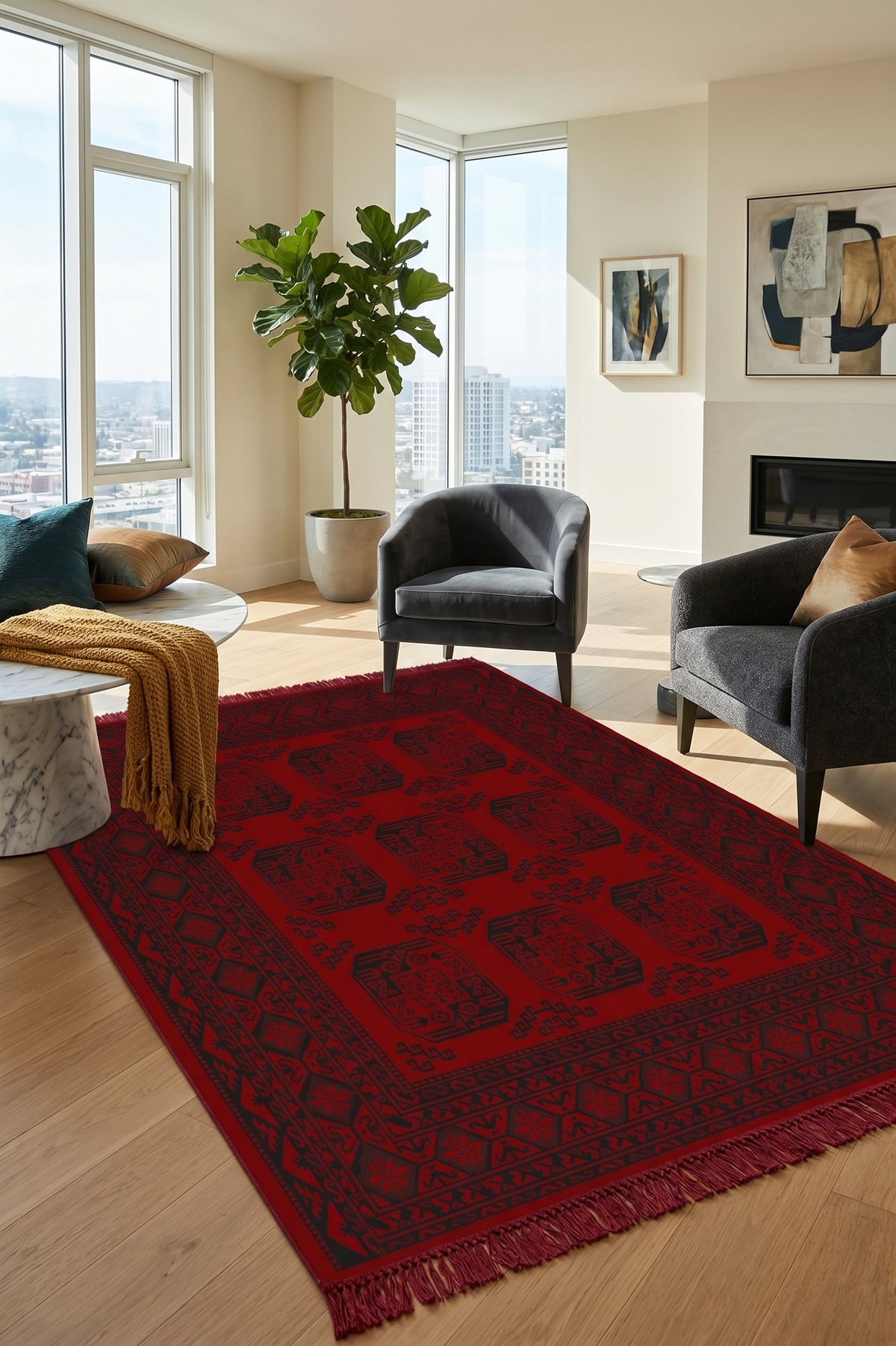 Red & Black Turkmen Bokhara Turkish Rug — area rug styled in a room, Stylish Rugs & Carpets, Sacramento