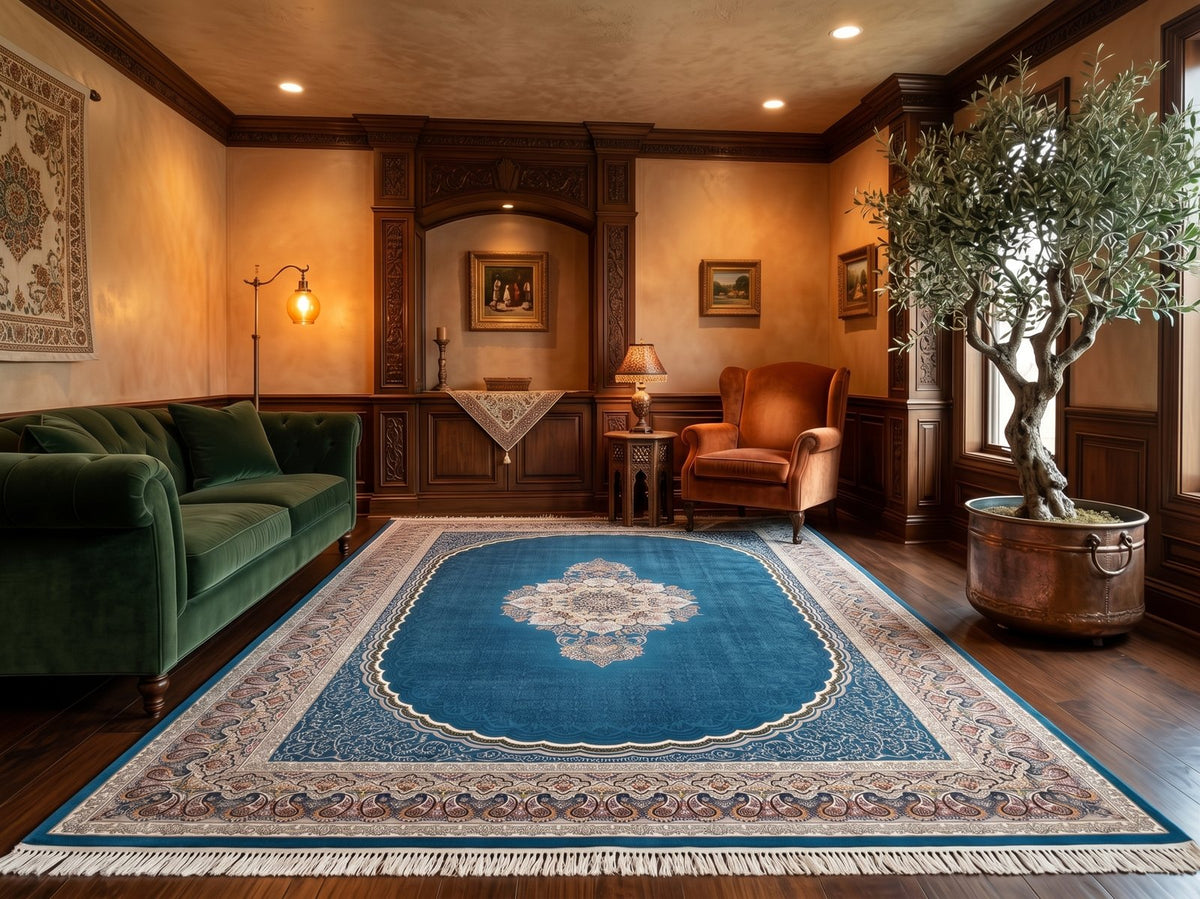 Teal Blue Traditional Medallion Persian Rug · 1200 Reeds styled in a room — Stylish Rugs & Carpets, Sacramento