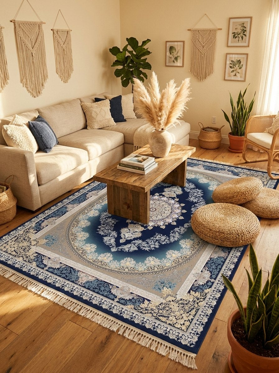 Teal & Deep Navy Medallion Persian Rug · 1200 Reeds rug styled in a Sacramento home — Stylish Rugs & Carpets