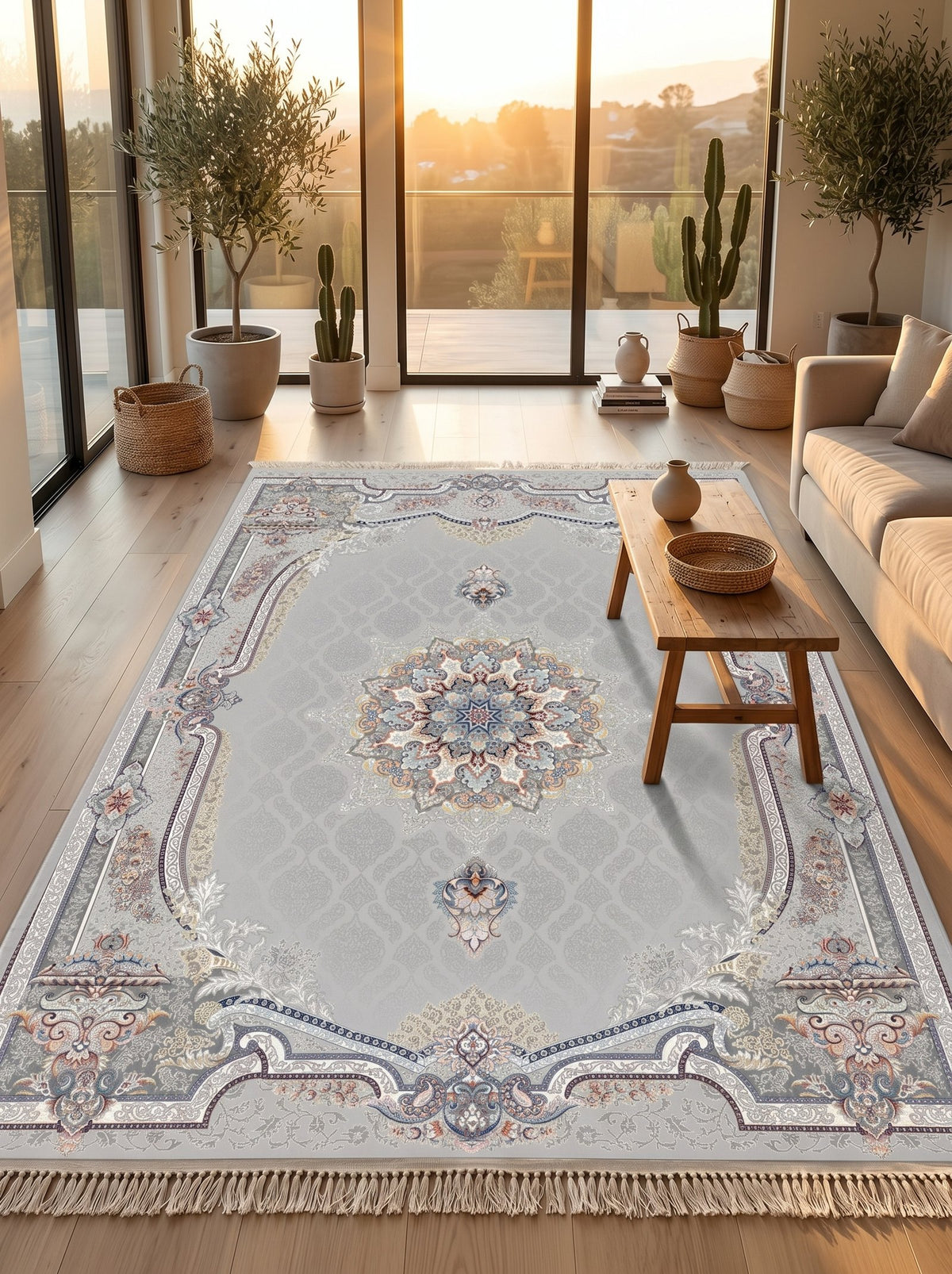 Silver Ornate-Frame Medallion Persian Rug · 1200 Reeds — size 6.5x10 Feet (200x300 cm) 6Meters shown to scale in a living room — Stylish Rugs & Carpets, Sacramento