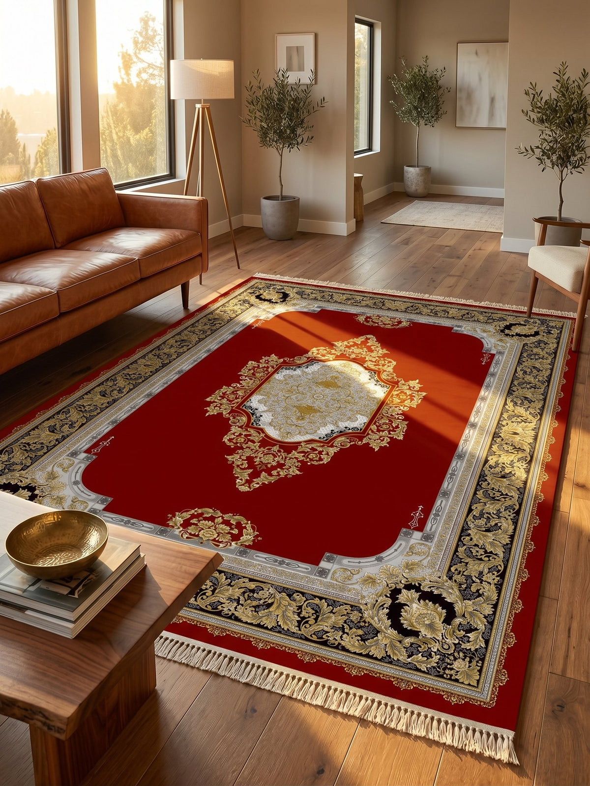 Red & Gold Medallion Shah Persian Rug styled in a room — Stylish Rugs & Carpets, Sacramento
