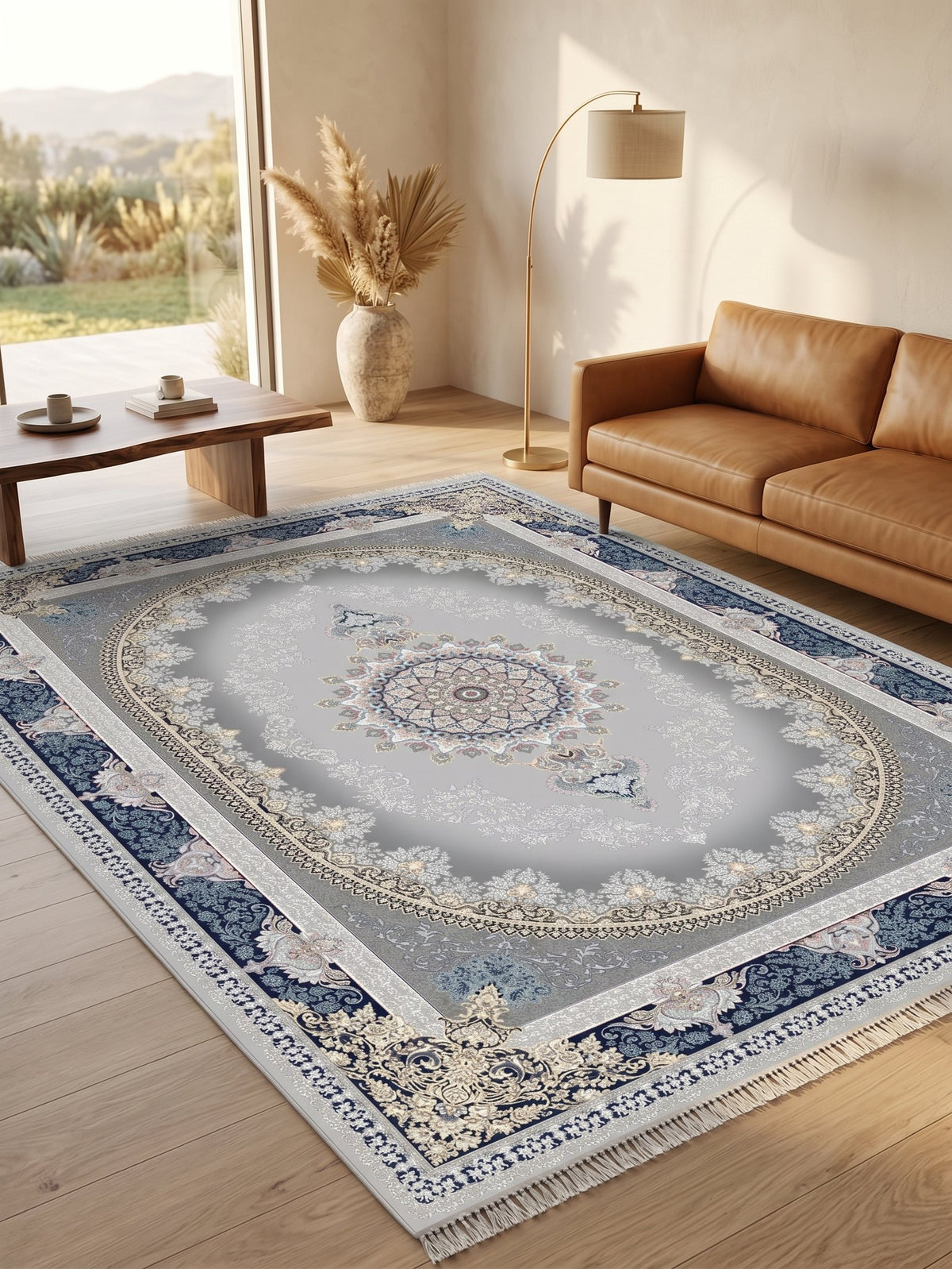 Navy-Border Silver Oval Medallion Persian Rug · 1200 Reeds — size 6.5x10 Feet (200x300 cm) 6Meters shown to scale in a living room — Stylish Rugs & Carpets, Sacramento