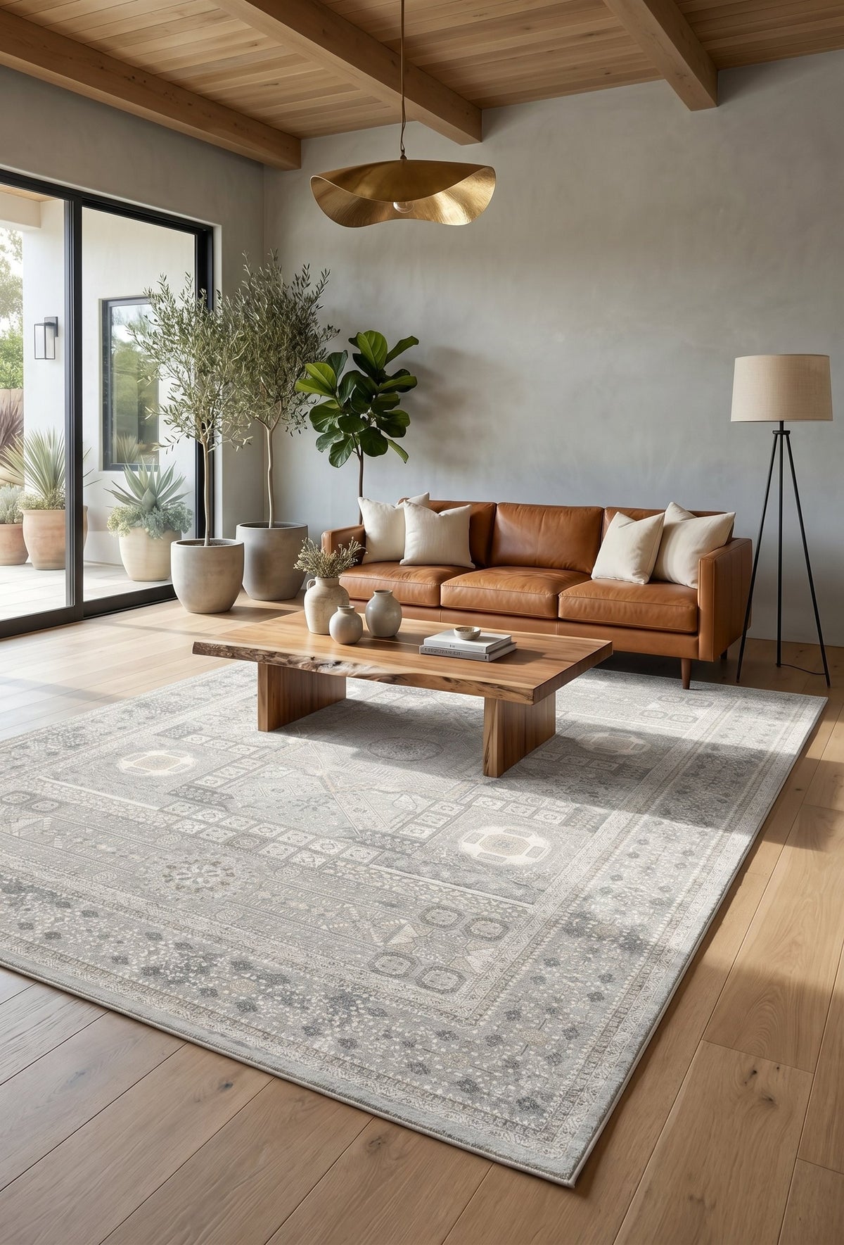 Pale Grey All-Over Panel Rug - Shadow Art Silk — area rug styled in a room, Stylish Rugs & Carpets, Sacramento