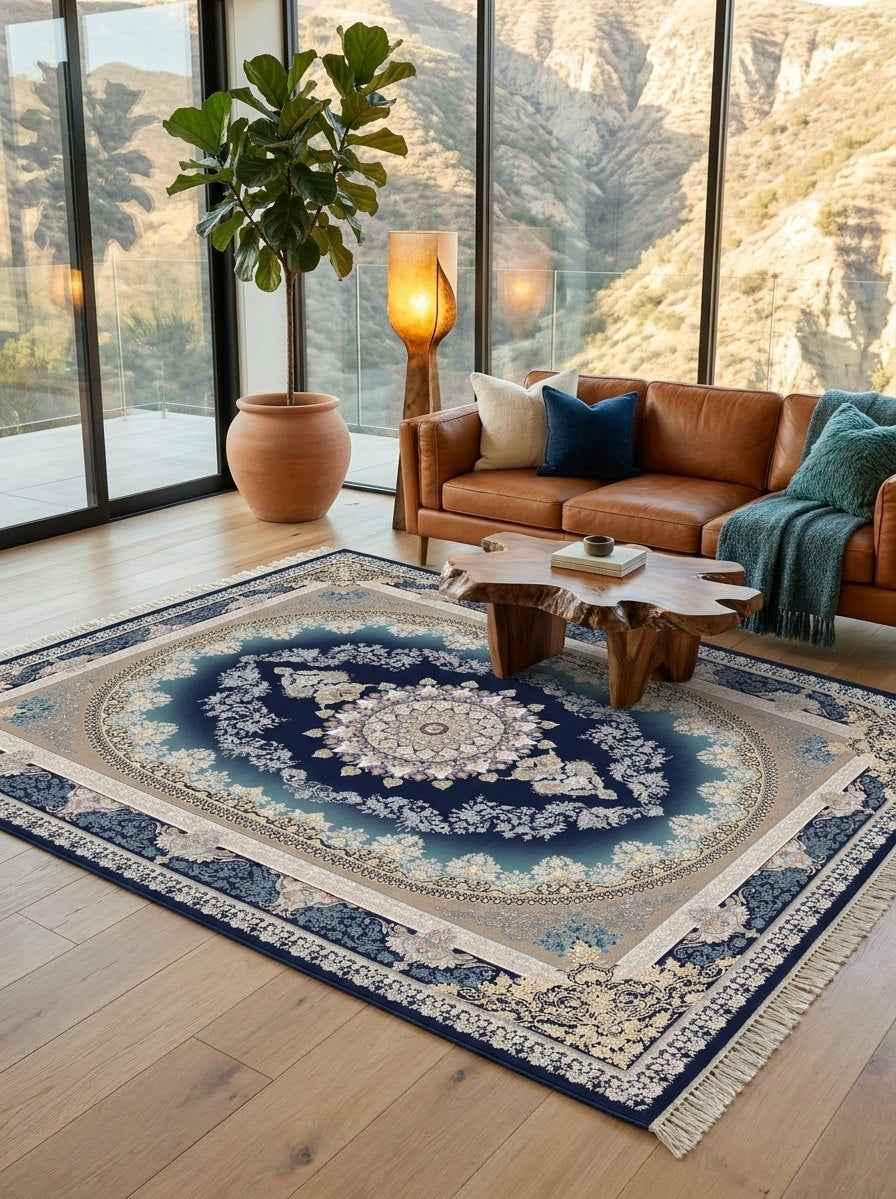 Teal & Deep Navy Medallion Persian Rug · 1200 Reeds rug styled in a Sacramento home — Stylish Rugs & Carpets