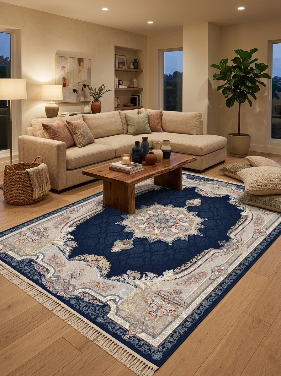 Navy Medallion Persian Rug · 1200 Reeds — size 6.5x10 Feet (200x300 cm) 6Meters shown to scale in a living room — Stylish Rugs & Carpets, Sacramento