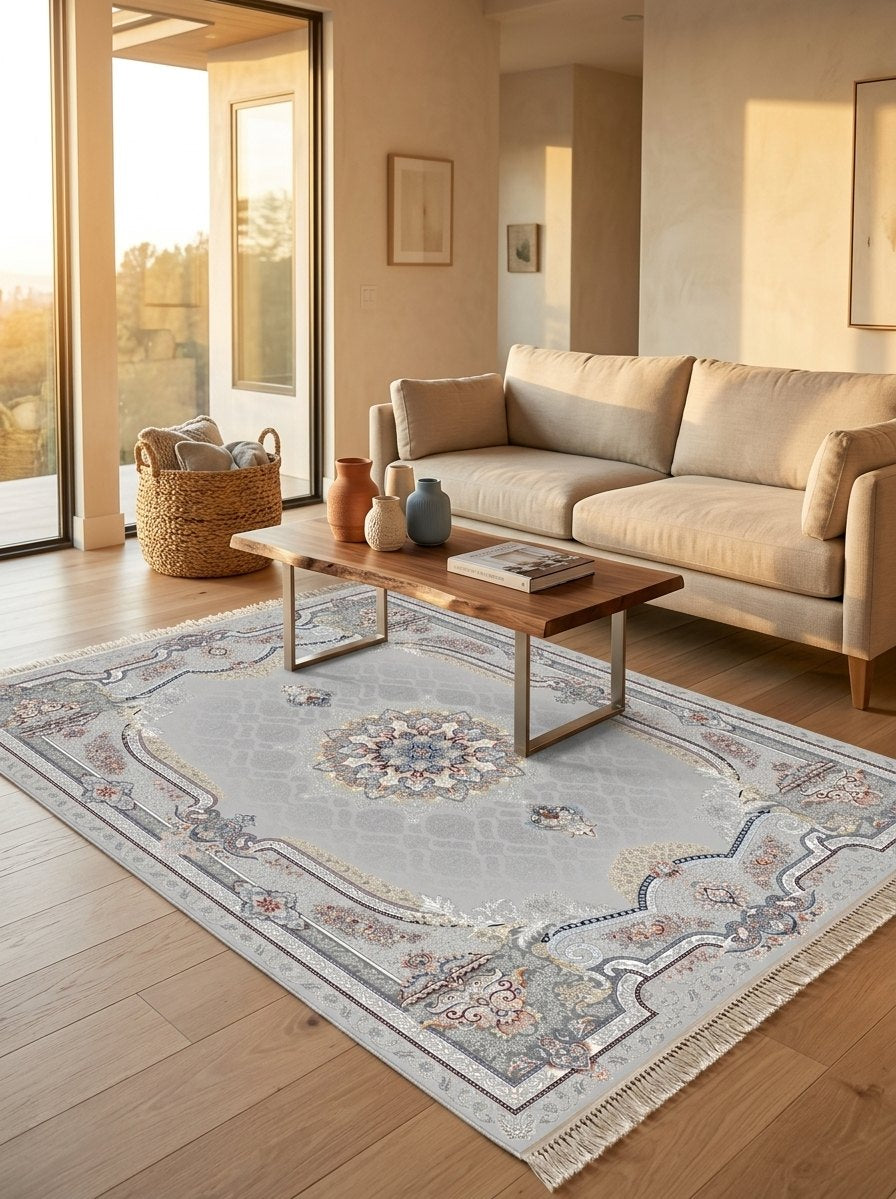 Silver Medallion Persian Rug · 1200 Reeds — size 5x7.5 ft (150x230 cm) 3.5Meters shown to scale in a living room — Stylish Rugs & Carpets, Sacramento