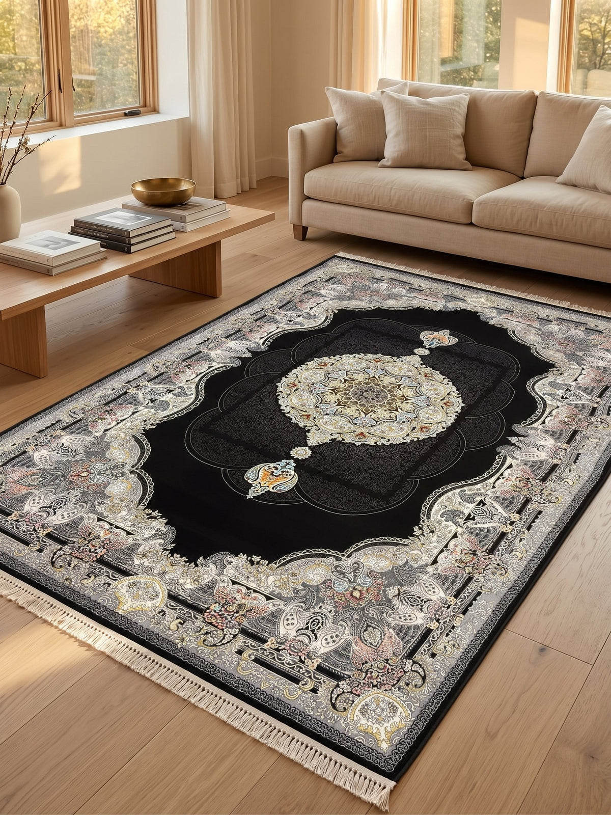 Black Paisley Turkish Rug styled in a room — Stylish Rugs & Carpets, Sacramento