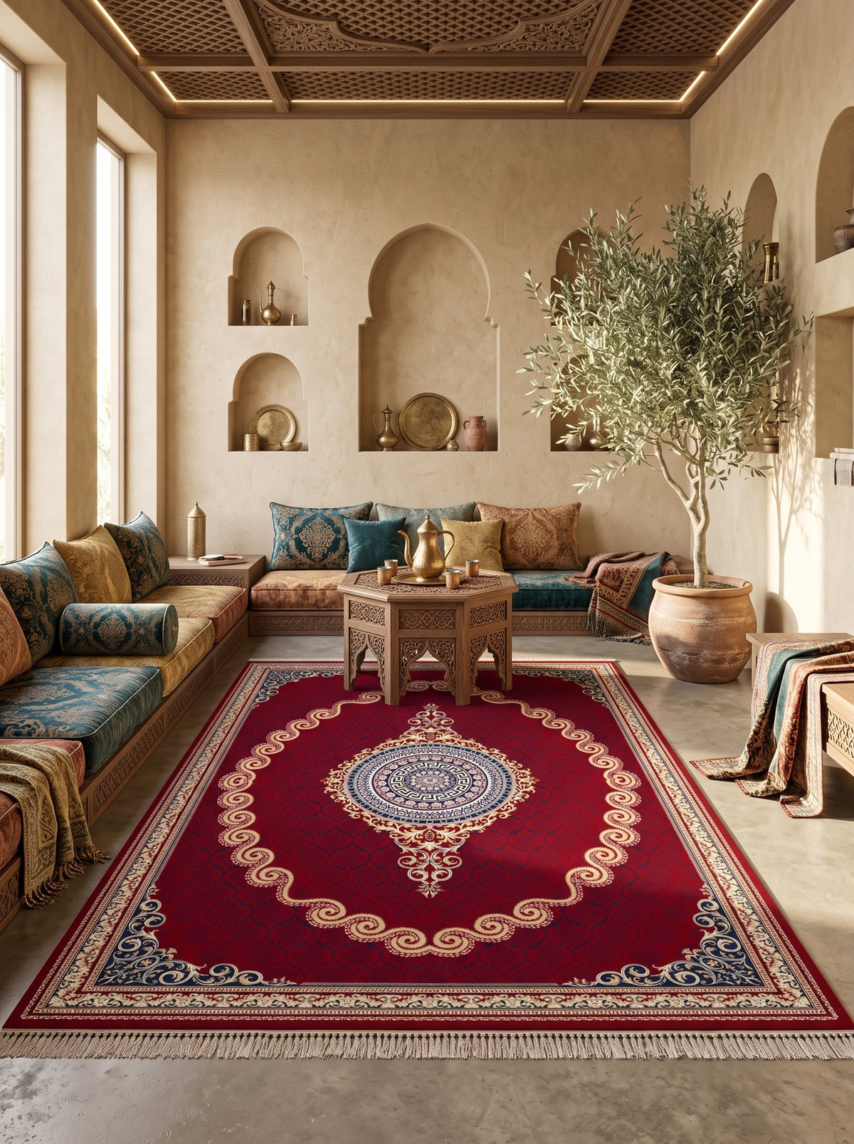 Crimson Red & Gold Scroll Persian Rug · 1200 Reeds styled in a room — Stylish Rugs & Carpets, Sacramento