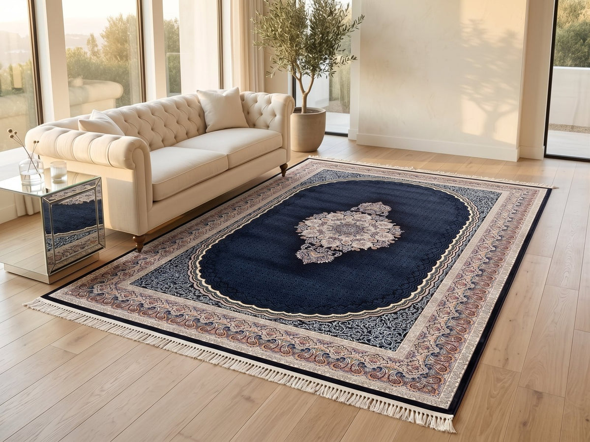 Navy Blue Traditional Persian Rug · 1200 Reeds — size 3x6Feet (91x200cm) 2Meters Runner shown to scale in a living room — Stylish Rugs & Carpets, Sacramento