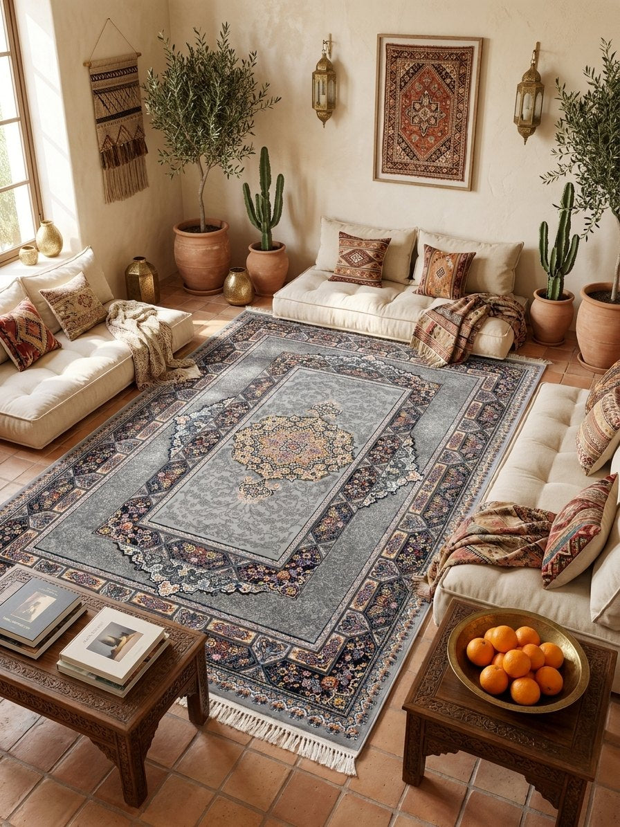 Light Gray Medallion Persian Rug · 1200 Reeds rug styled in a Sacramento home — Stylish Rugs & Carpets