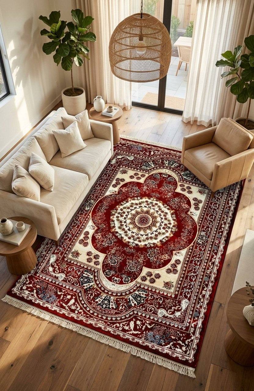 Red & Cream Persian Floral Rug — size Microfiber / 6.5x10 Feet (200x300 cm) shown to scale in a living room — Stylish Rugs & Carpets, Sacramento