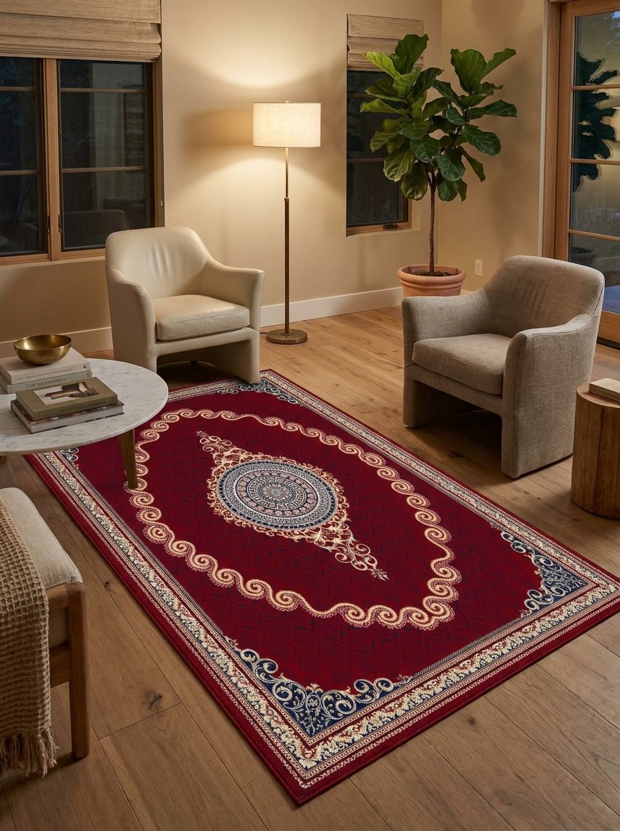 Red & Gold Scroll Persian Rug · 1200 Reeds — size 3x10Feet (91x300cm) 3Meters Runner shown to scale in a living room — Stylish Rugs & Carpets, Sacramento