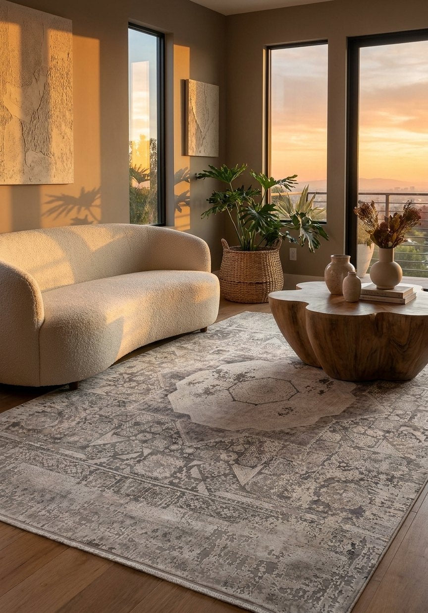 Mamluk Design Bamboo Rug, Grey Carpet — area rug styled in a room, Stylish Rugs & Carpets, Sacramento
