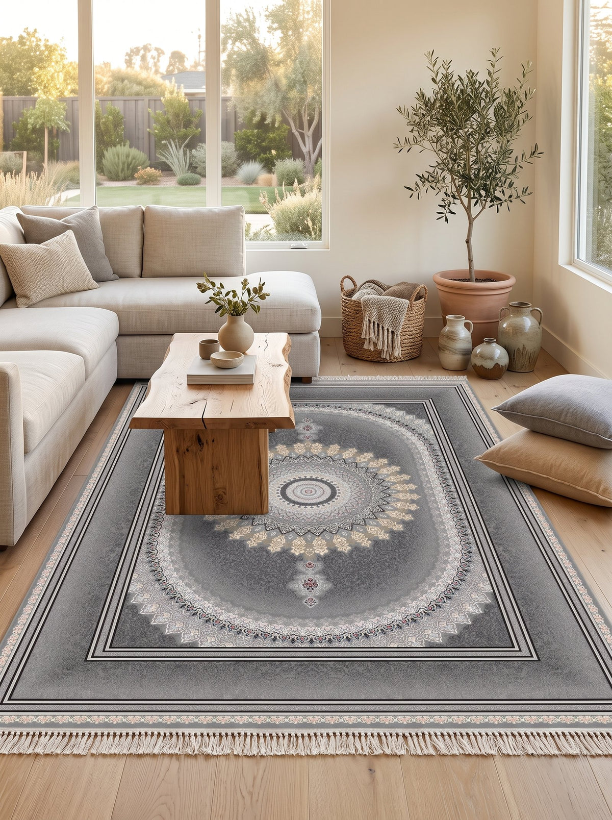 Dark Gray Oval Medallion Persian Rug · 1200 Reeds — size 5x7.5 ft (150x230 cm) 3.5Meters shown to scale in a living room — Stylish Rugs & Carpets, Sacramento