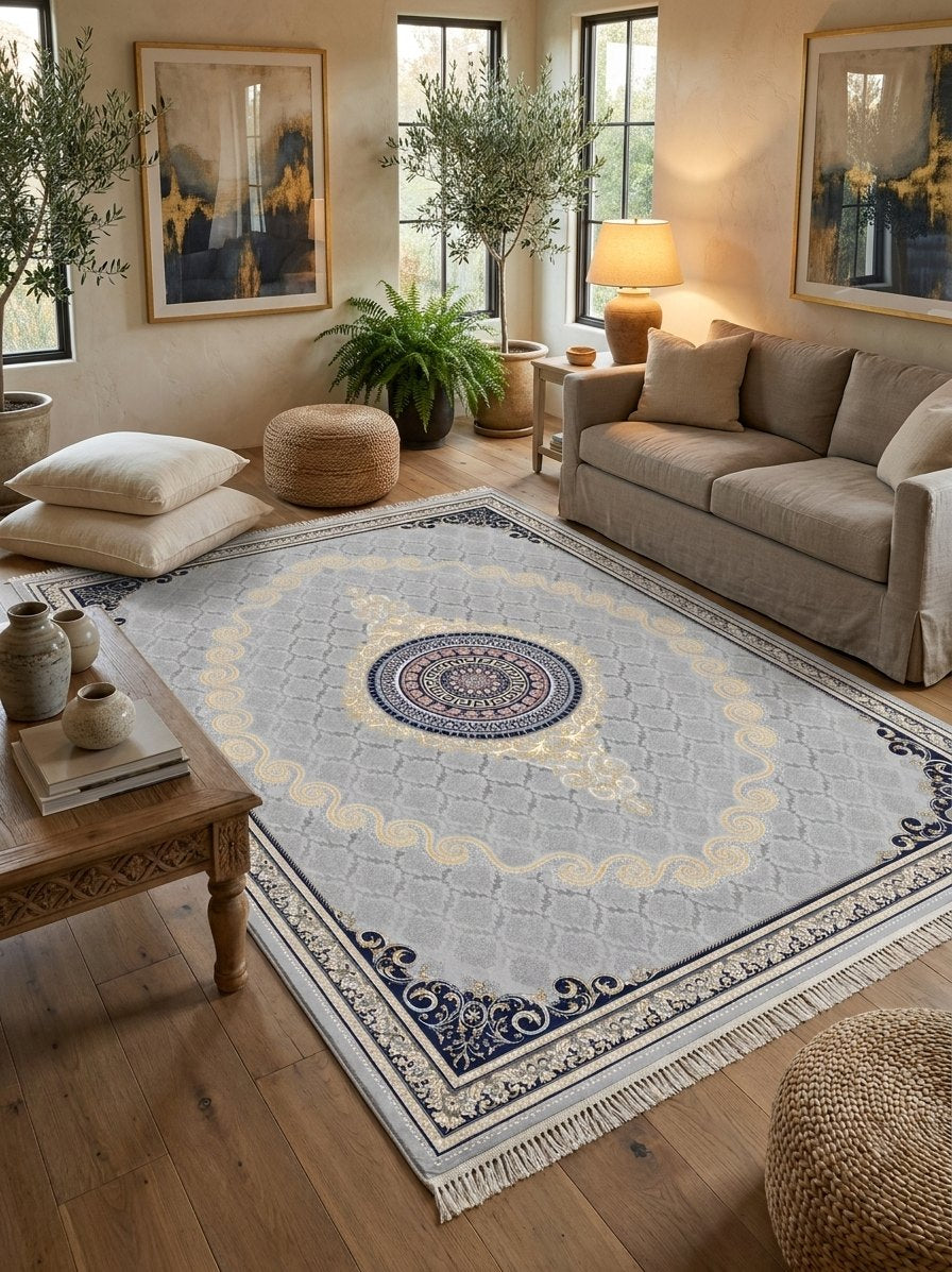 Silver & Gold Scroll Persian Rug · 1200 Reeds rug styled in a Sacramento home — Stylish Rugs & Carpets