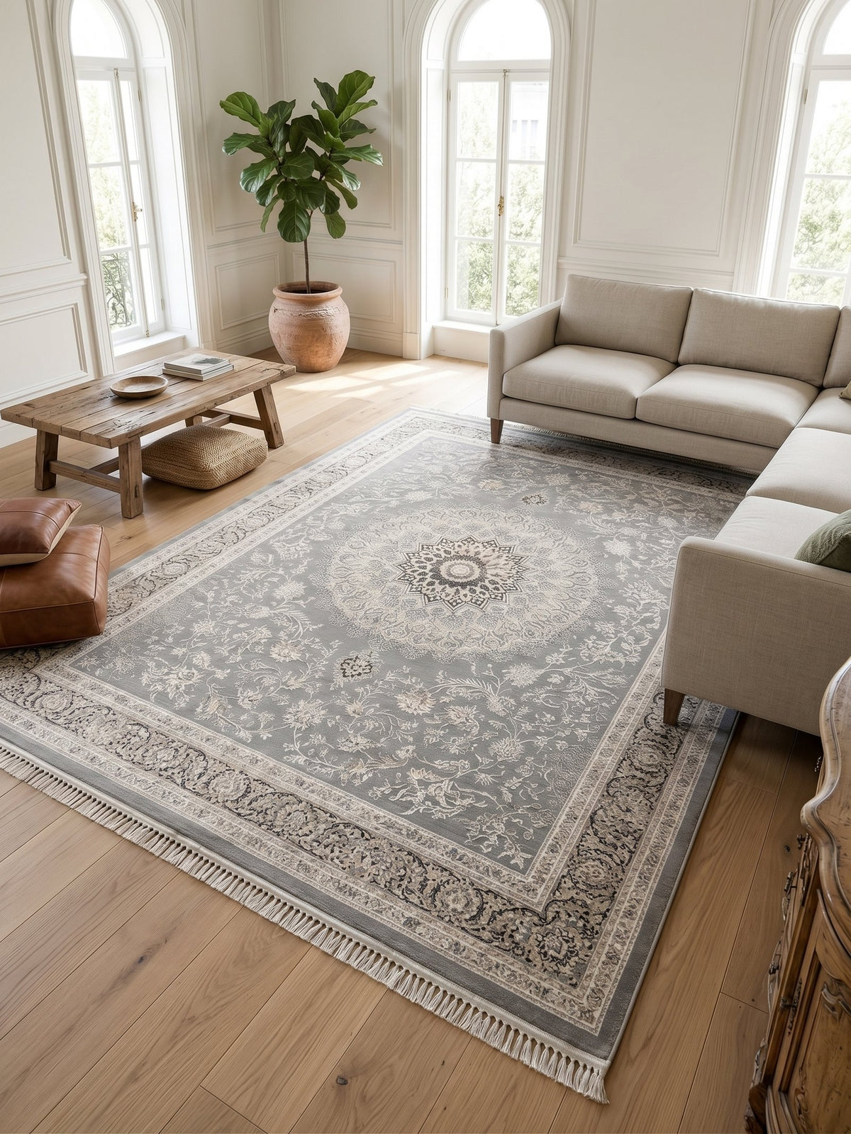 Warm Cream & Gold Medallion Persian Rug styled in a room — Stylish Rugs & Carpets, Sacramento