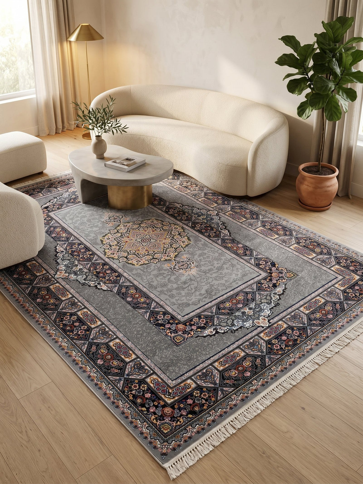 Light Gray Traditional Medallion Persian Rug · 1200 Reeds — size 8.2x11.5 Feet (250x350 cm) 9Meters shown to scale in a living room — Stylish Rugs & Carpets, Sacramento