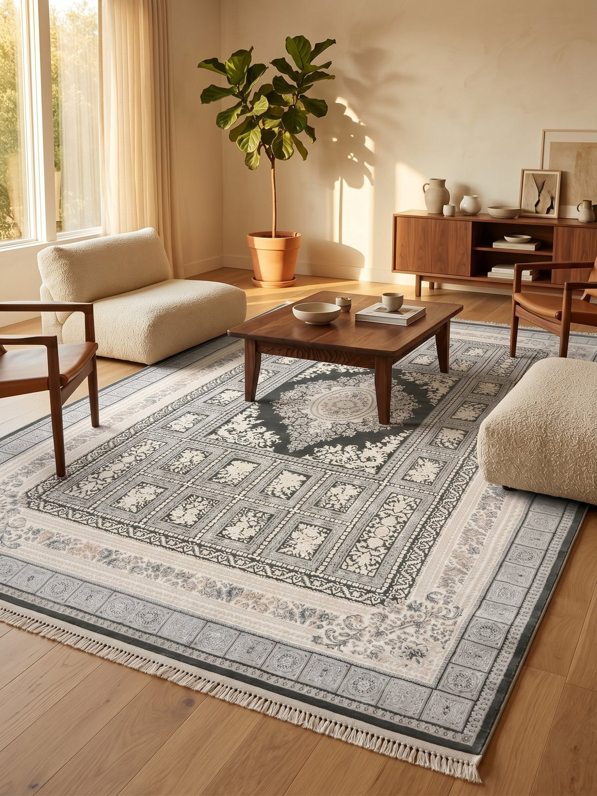 Light Gray Garden-Panel Turkish Rug styled in a room — Stylish Rugs & Carpets, Sacramento