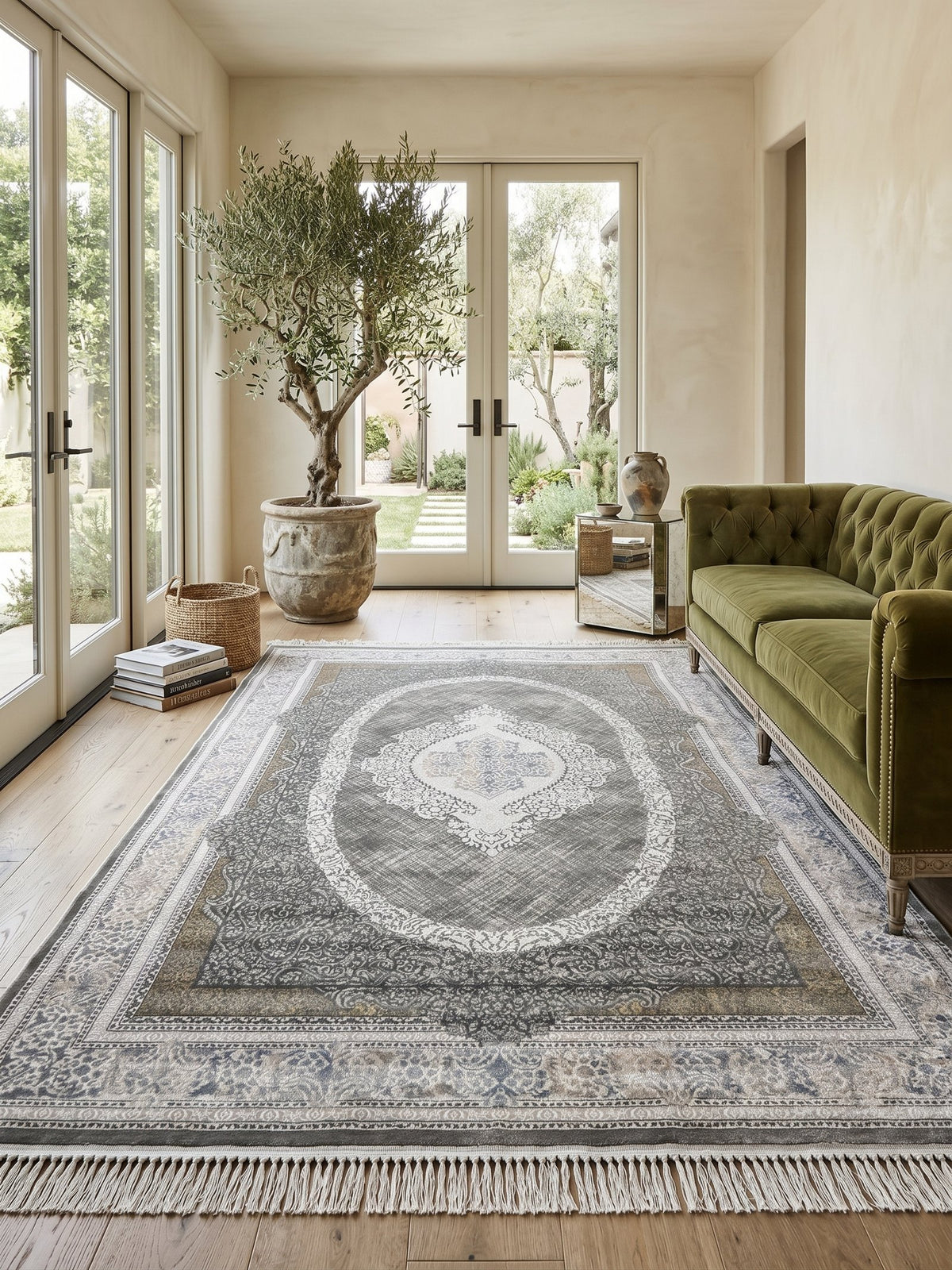 Dark Gray Medallion Turkish Rug styled in a room — Stylish Rugs & Carpets, Sacramento
