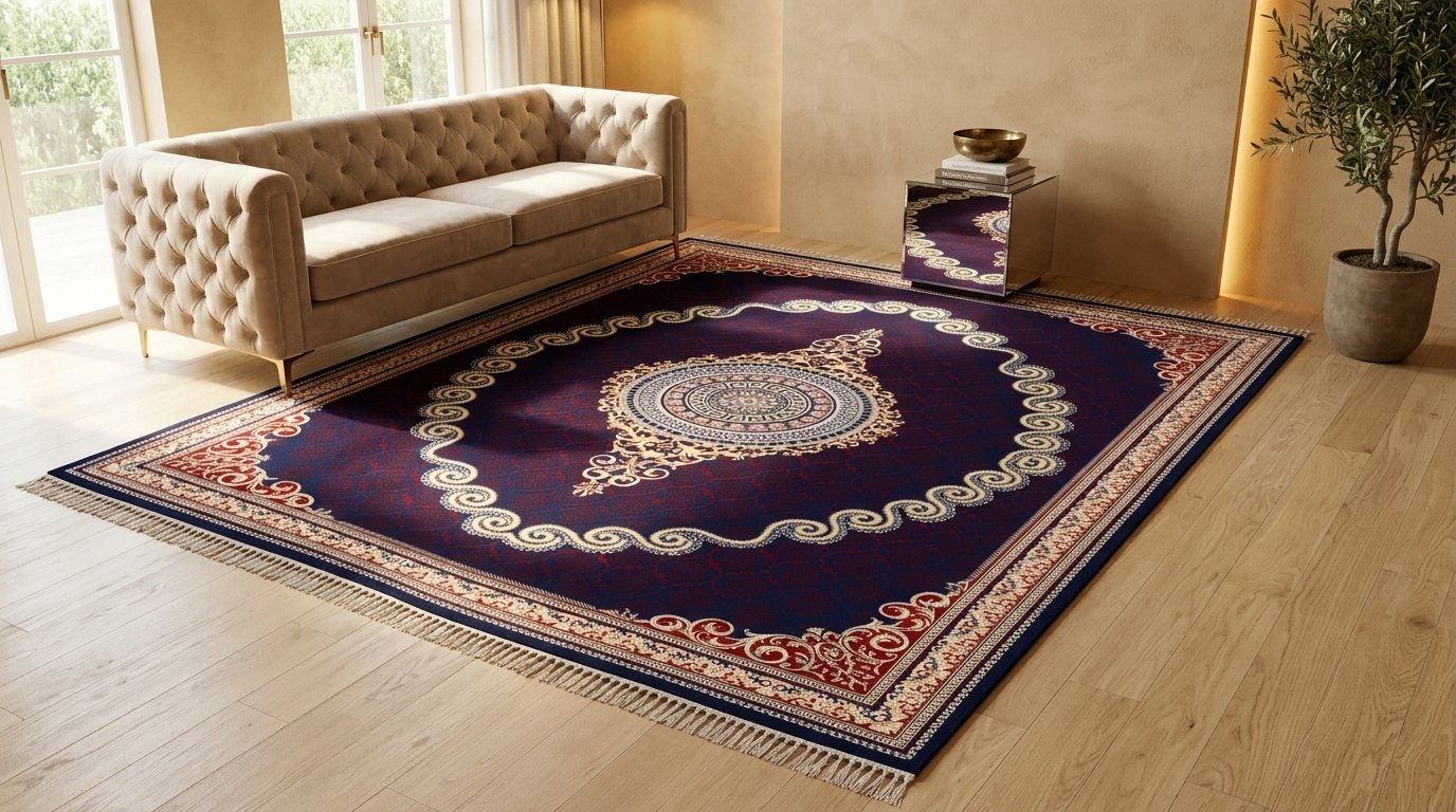 Red & Gold Scroll Persian Rug · 1200 Reeds — size 10x13 Feet (300x400 cm) 12Meters shown to scale in a living room — Stylish Rugs & Carpets, Sacramento