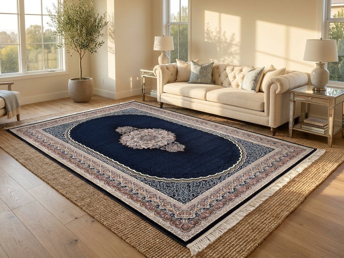 Navy Medallion Persian Rug · 1200 Reeds — size 6.5x10 Feet (200x300 cm) 6Meters shown to scale in a living room — Stylish Rugs & Carpets, Sacramento