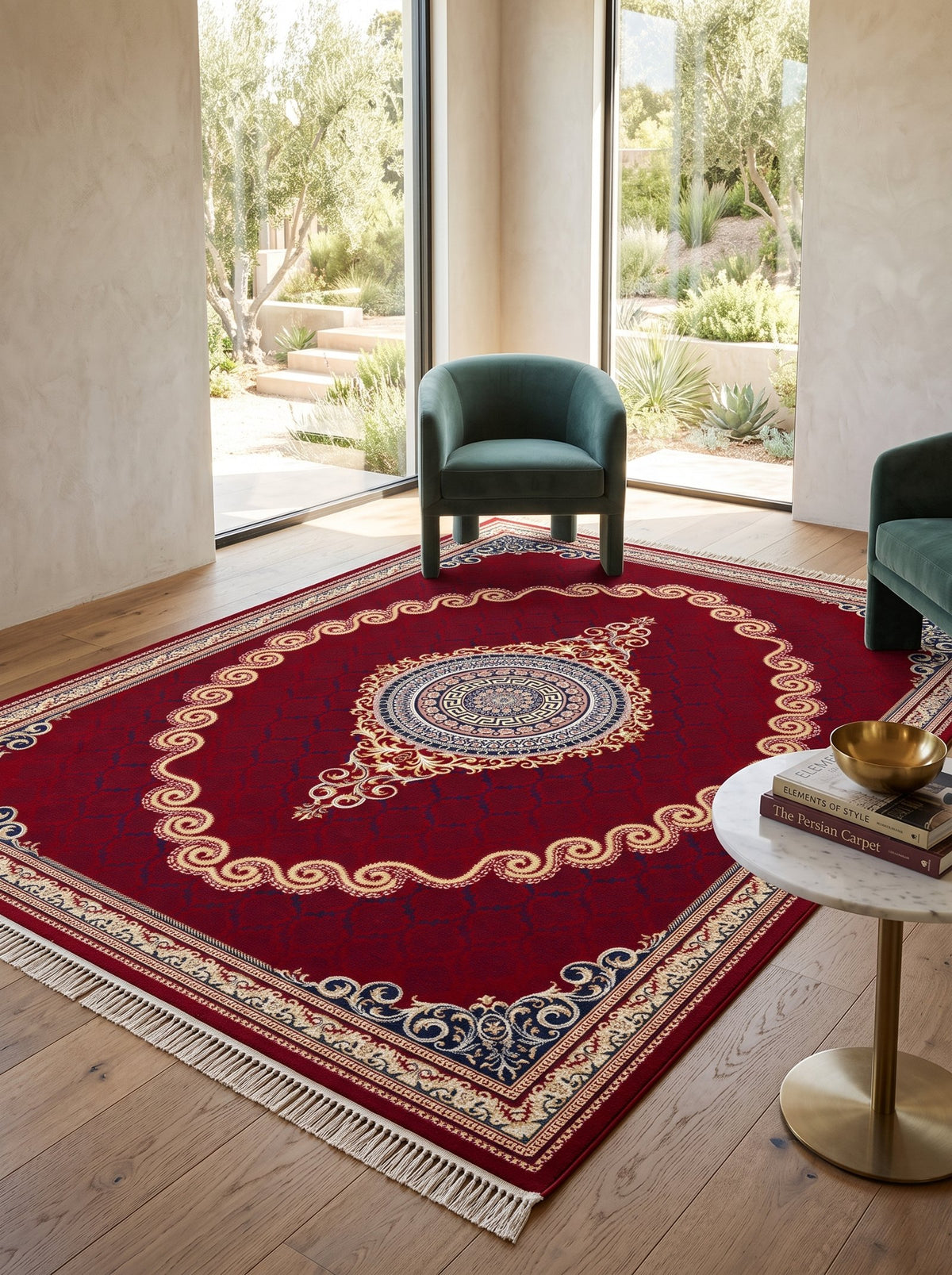 Crimson Red & Gold Scroll Persian Rug · 1200 Reeds — size 6.5x10 Feet (200x300 cm) 6Meters shown to scale in a living room — Stylish Rugs & Carpets, Sacramento