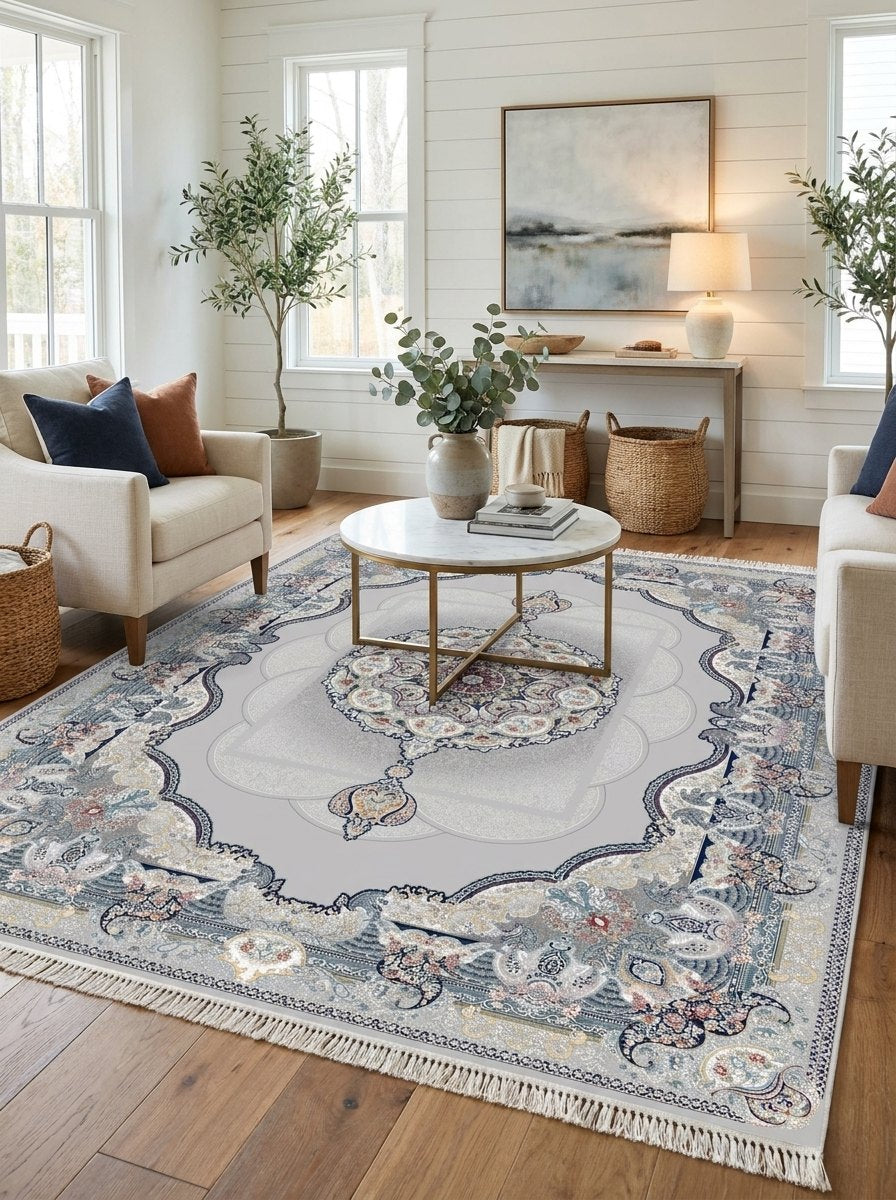 Light Gray Medallion Persian Rug · 1200 Reeds rug styled in a Sacramento home — Stylish Rugs & Carpets