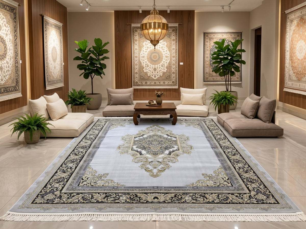 Gray & Gold Shah Persian Rug styled in a room — Stylish Rugs & Carpets, Sacramento