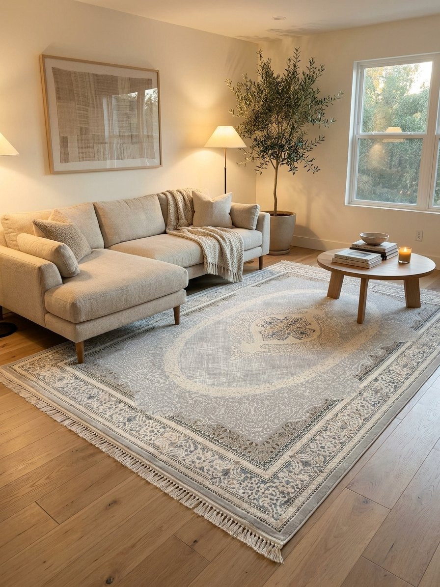 Light Gray Medallion Turkish Rug rug styled in a Sacramento home — Stylish Rugs & Carpets